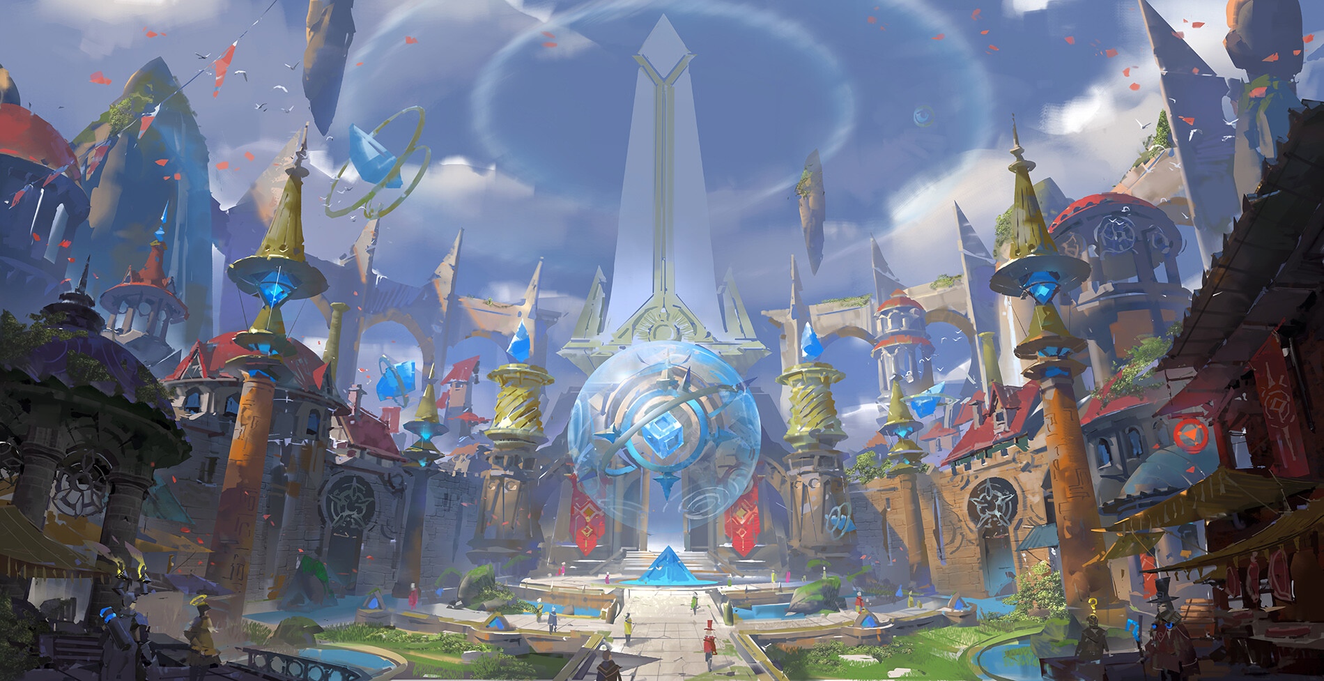 Fantasy cityscape with a central obelisk and floating islands HD Wallpaper
