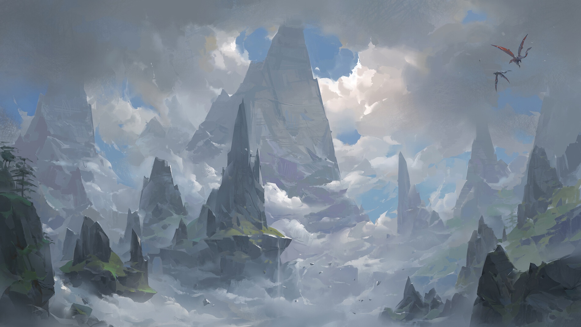 Fantasy landscape with mountains, clouds, and dragons HD Wallpaper