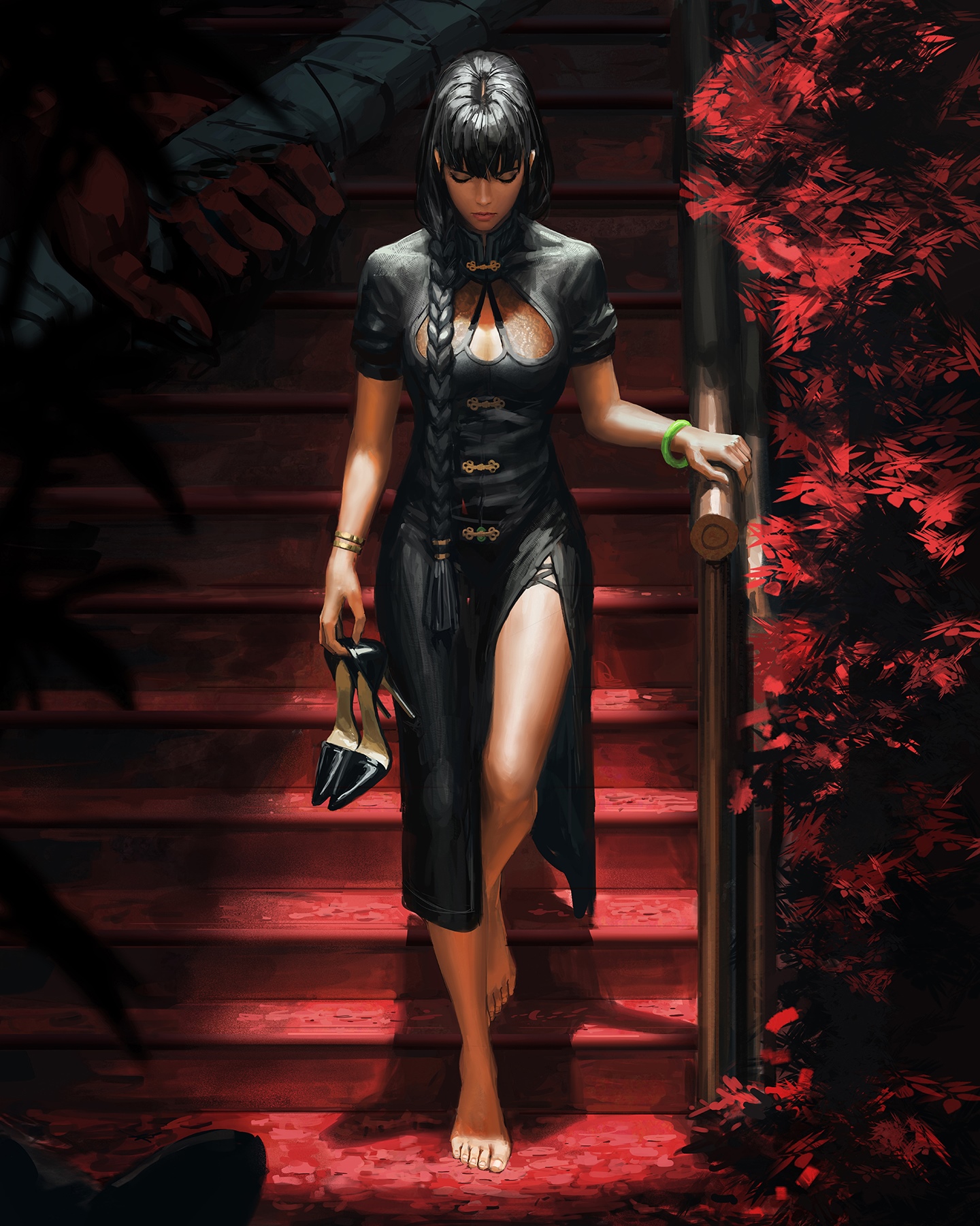 Asian woman in black dress walking down stairs HD Phone Wallpaper