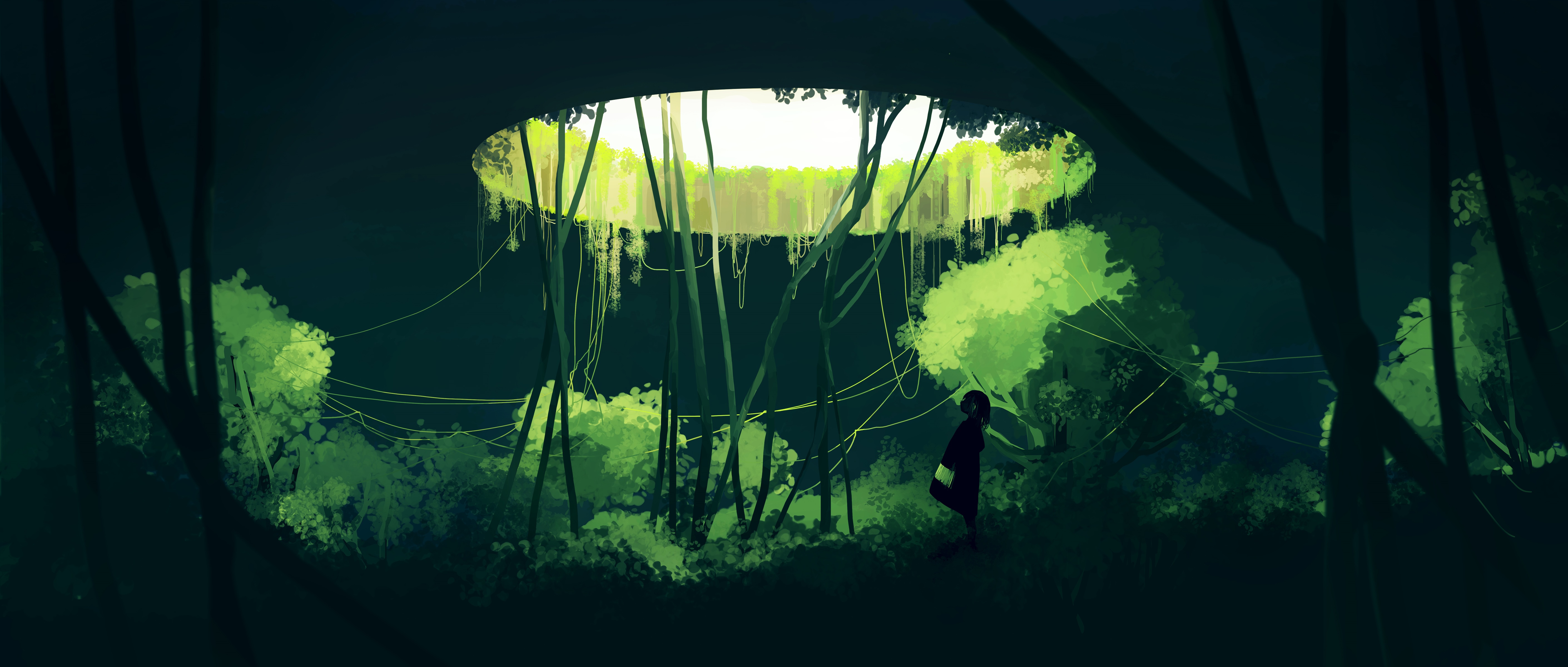 4K nature drawing of a person in a forest HD Wallpaper
