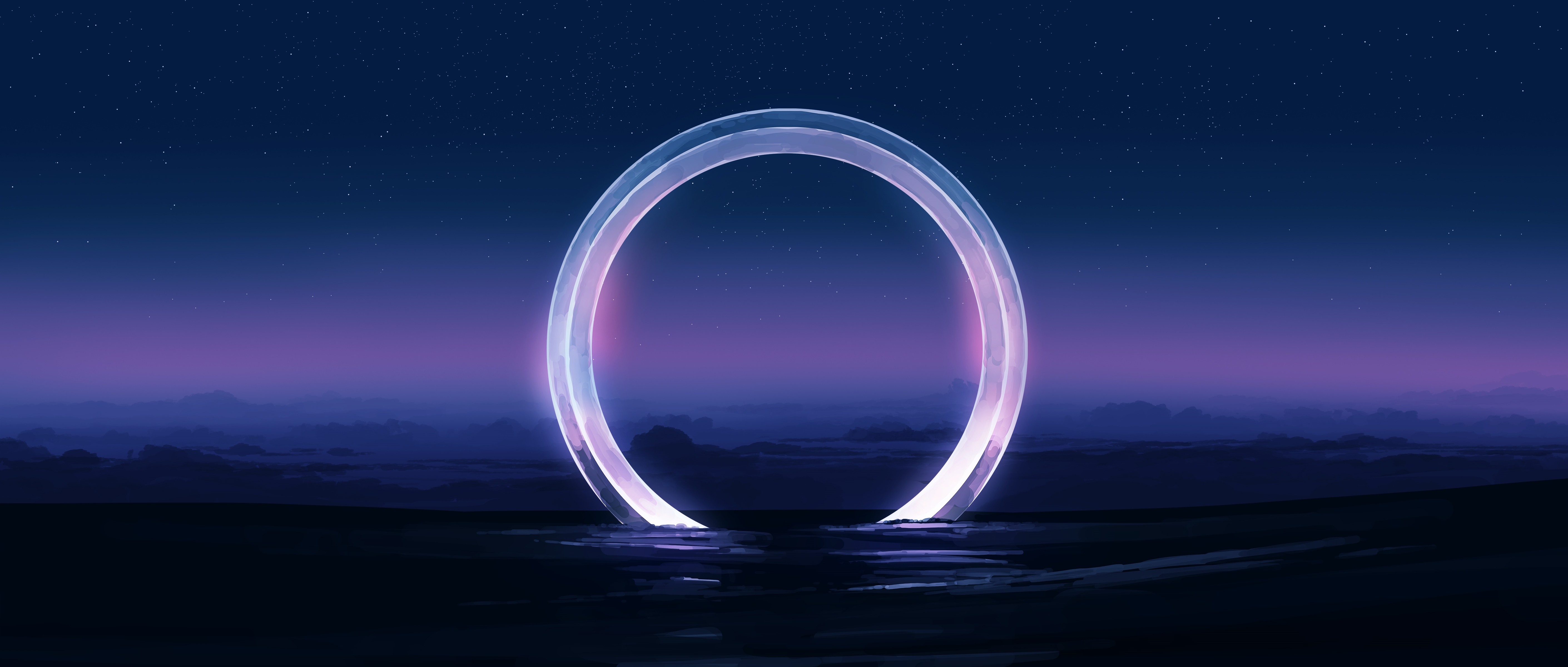 4K night landscape with glowing circle and stars HD Wallpaper