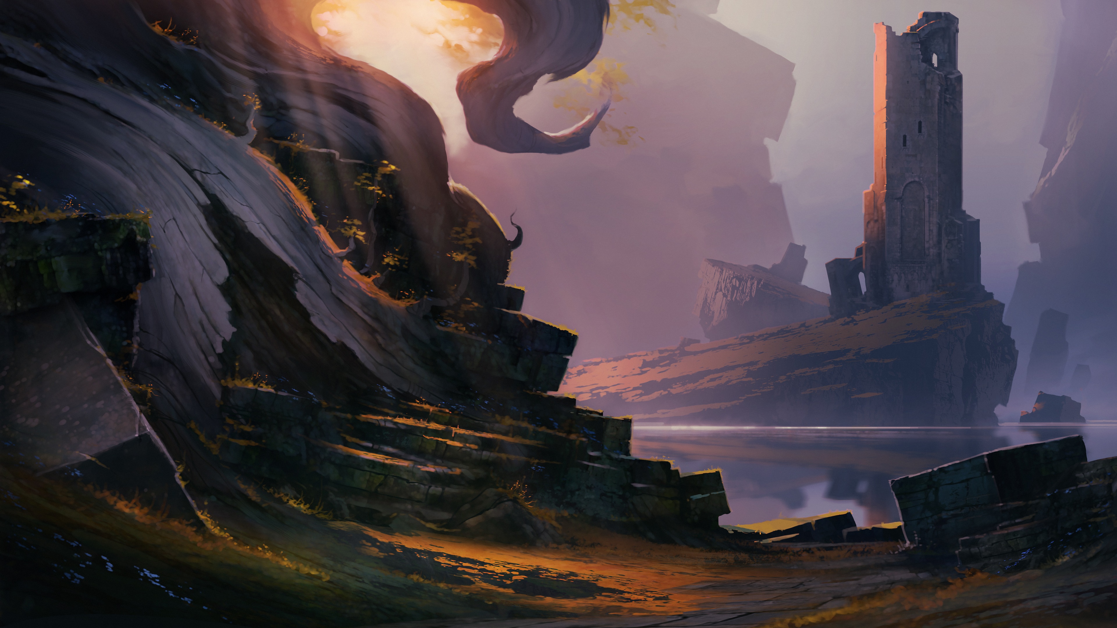 4K Fantasy Landscape with Ancient Tower HD Wallpaper