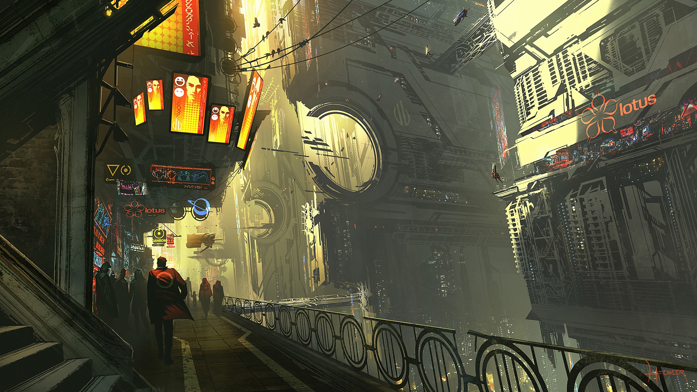 Cyberpunk city street with neon signs and futuristic buildings HD Wallpaper