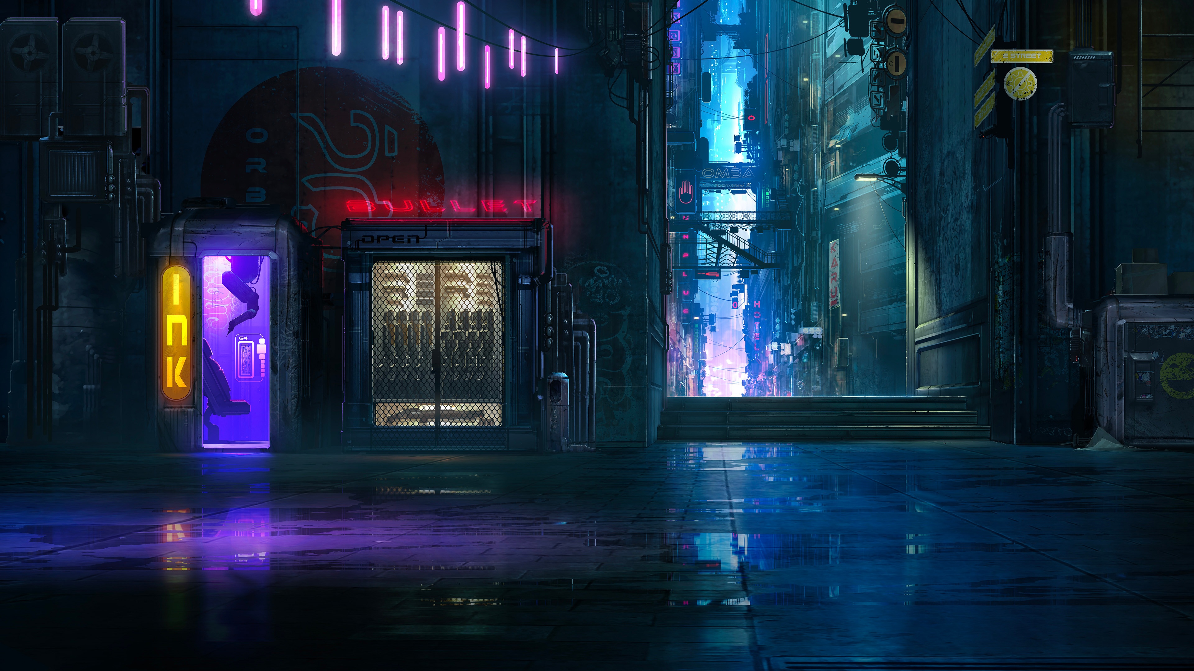 Cyberpunk city street at night with neon lights HD Wallpaper
