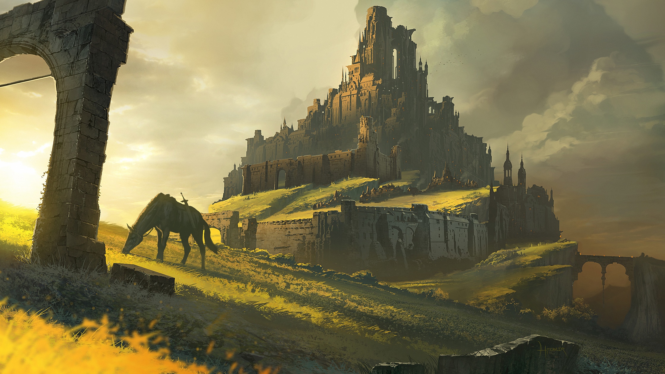 Fantasy castle on a hill with a horse HD Wallpaper