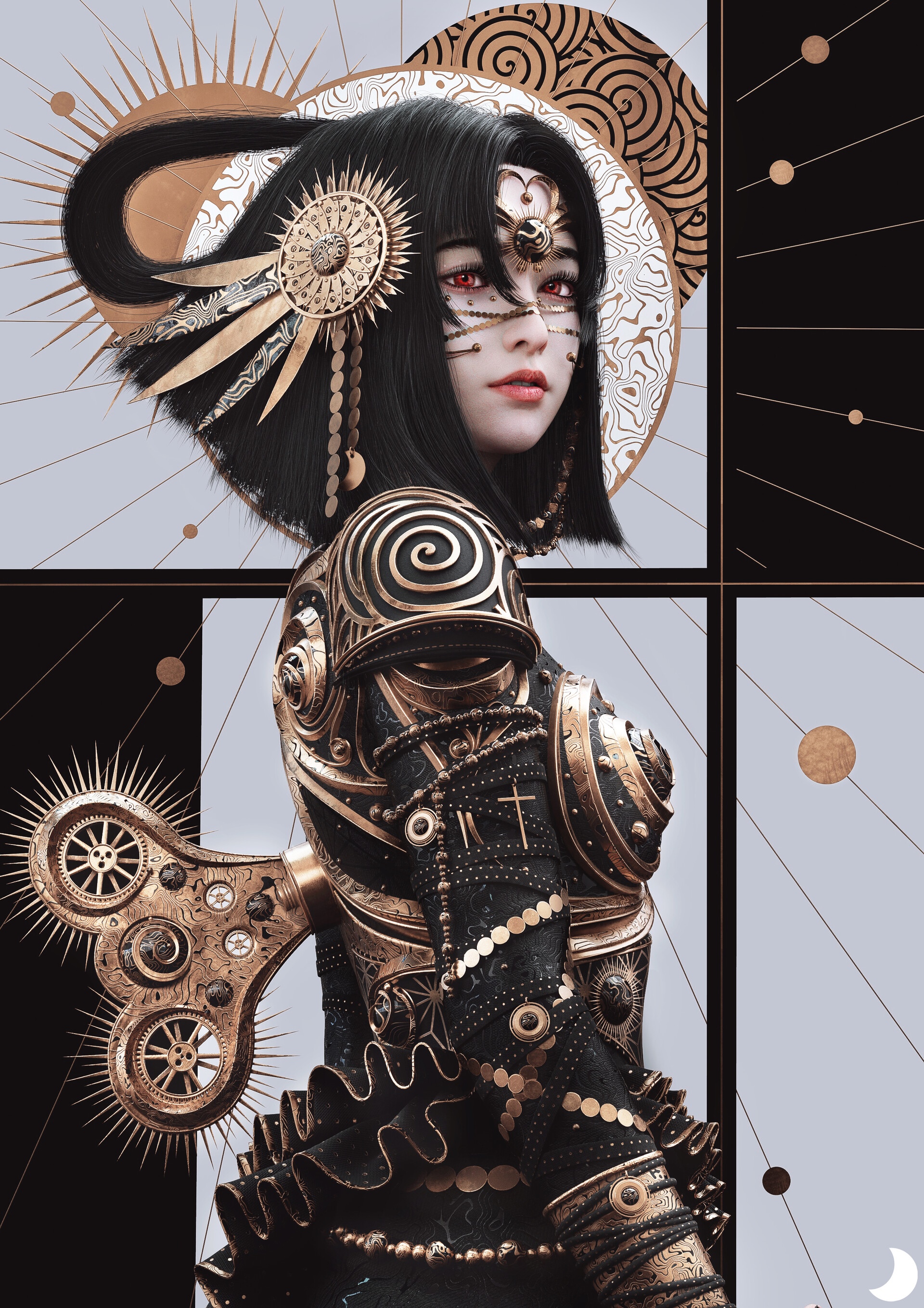 Mechanical Doll with Red Eyes and Gold Armor HD Phone Wallpaper