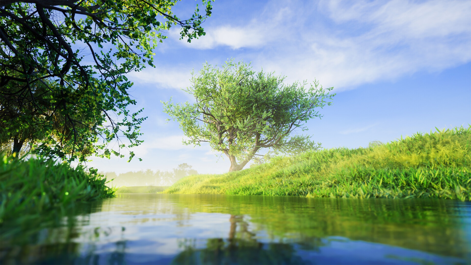 Green trees and grass by a calm river under a blue sky HD Wallpaper