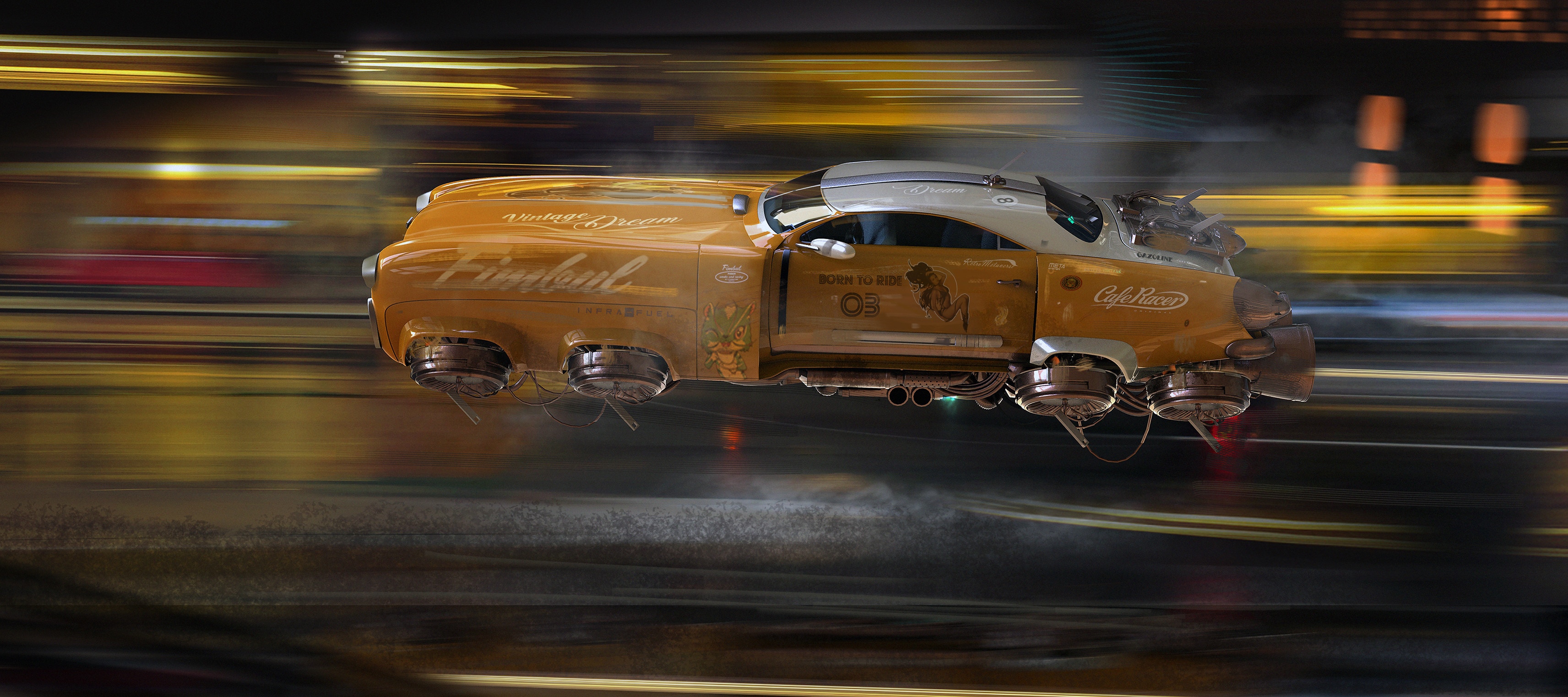 Futuristic yellow flying car with "Fireball" and "Cafe Racer" text HD Wallpaper