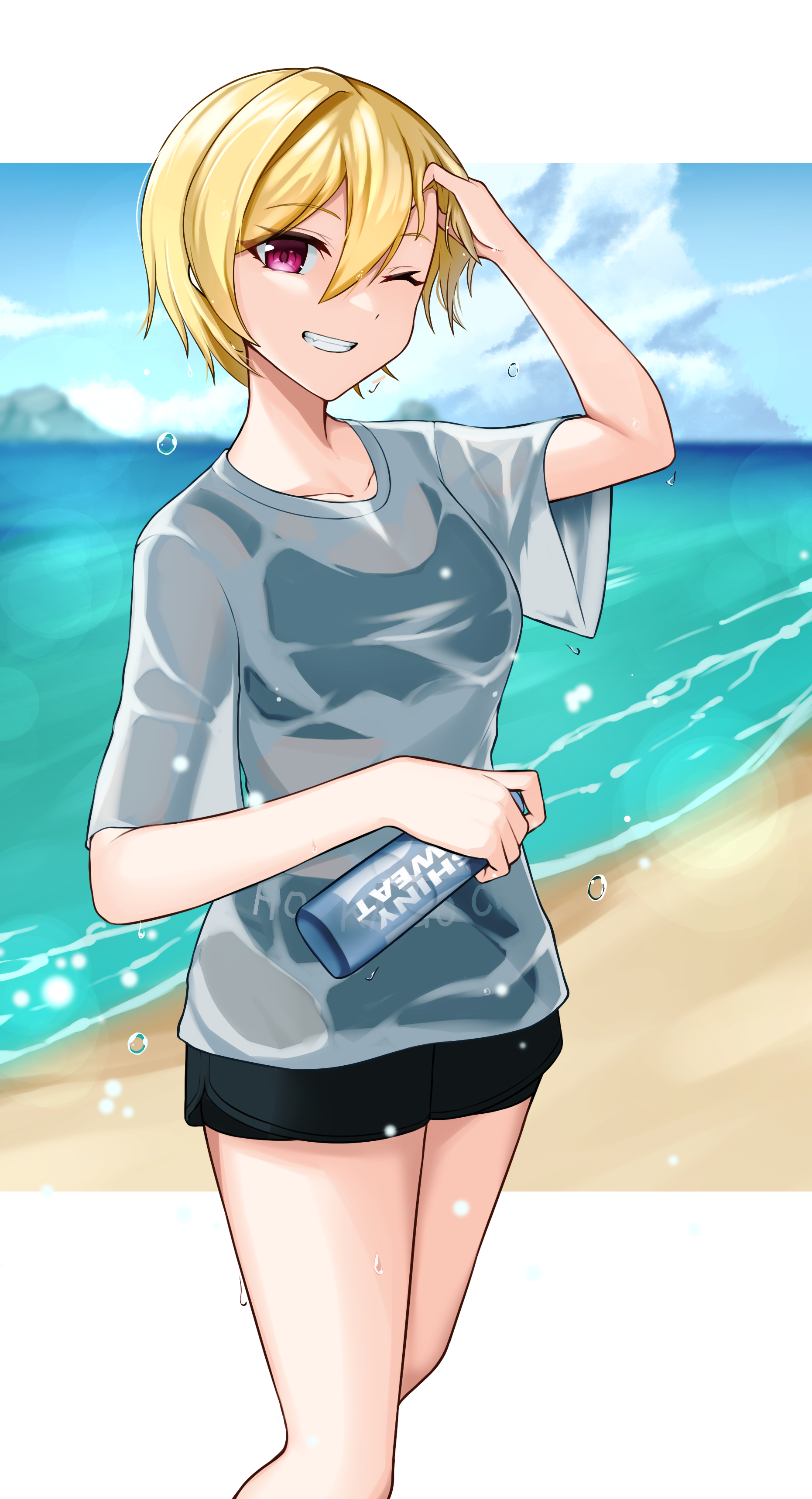 Anime girl with blonde hair and red eyes at the beach HD Phone Wallpaper