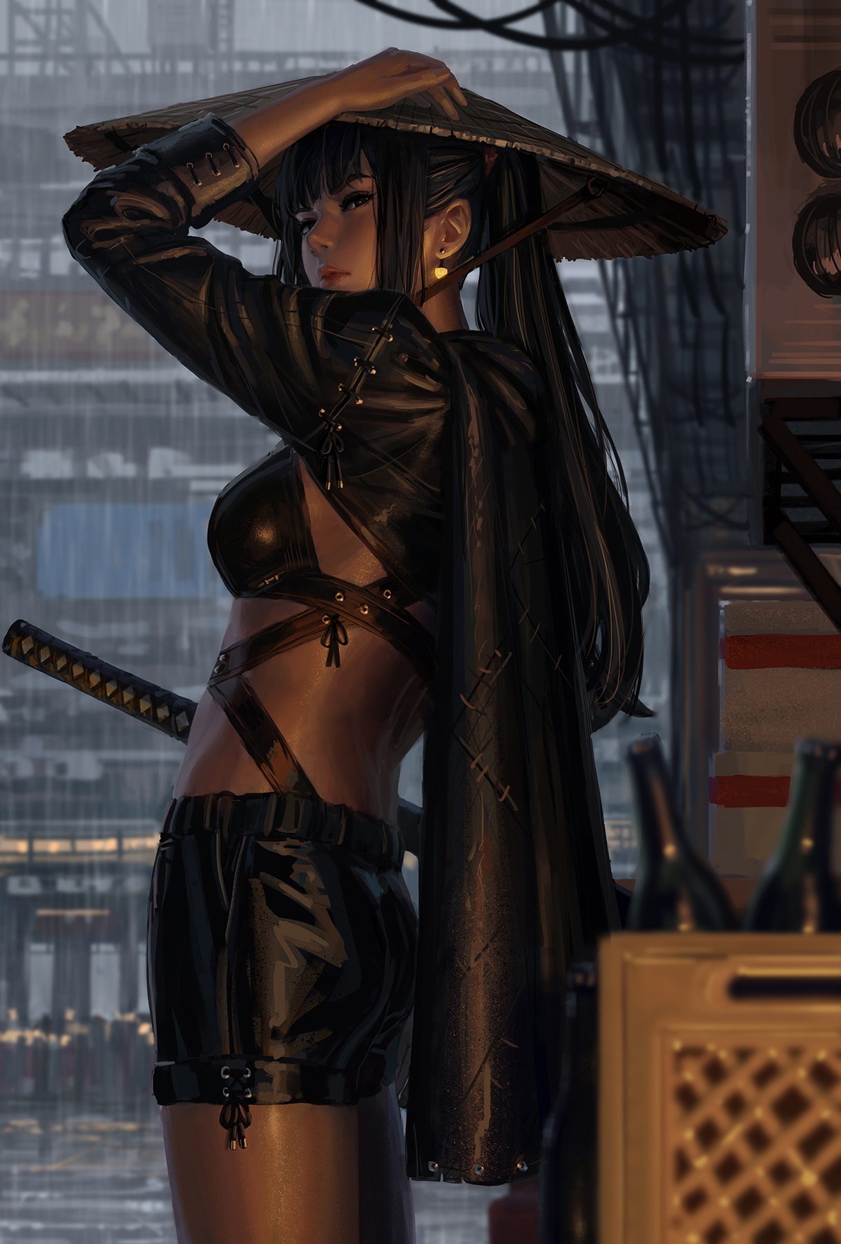 Asian woman with katana and straw hat in the rain HD Phone Wallpaper