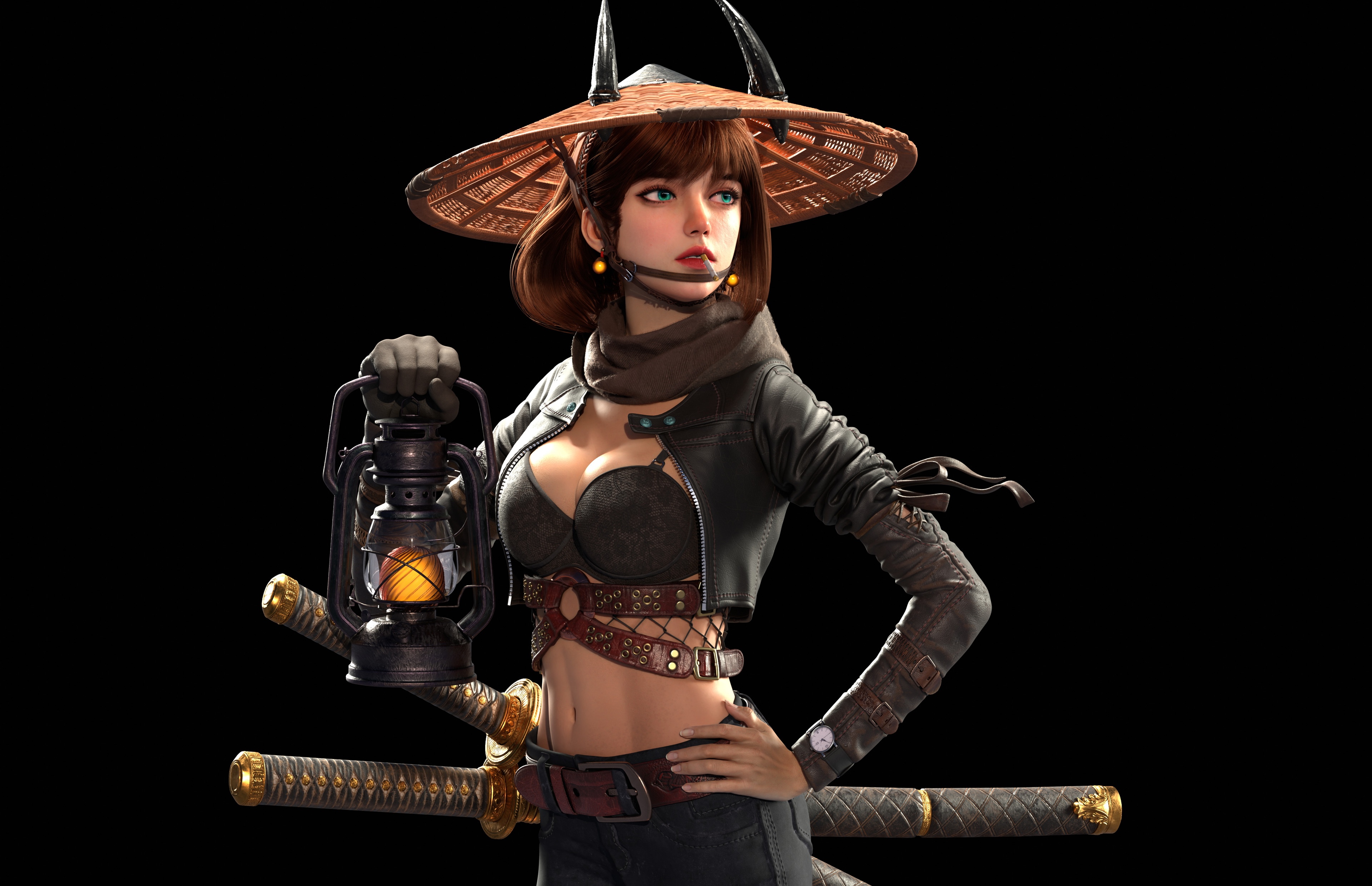 Fantasy girl with lantern and katana HD Wallpaper