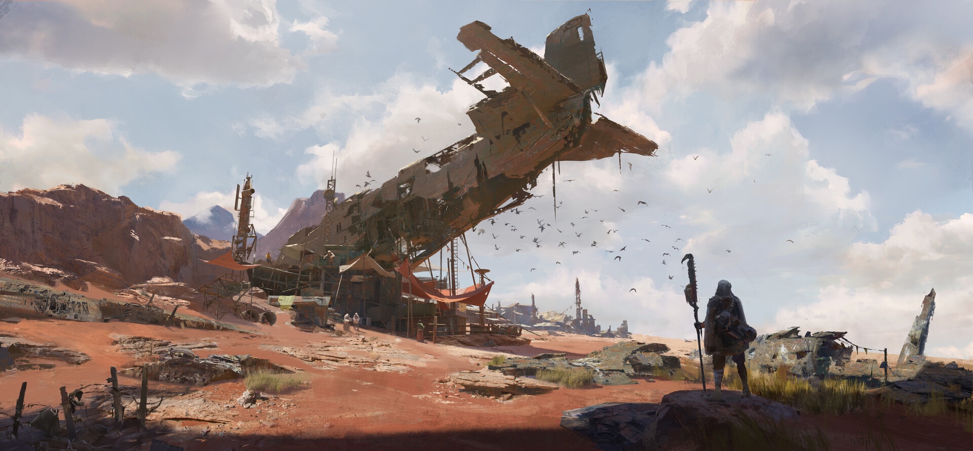 Desert landscape with a crashed airplane wreck HD Wallpaper