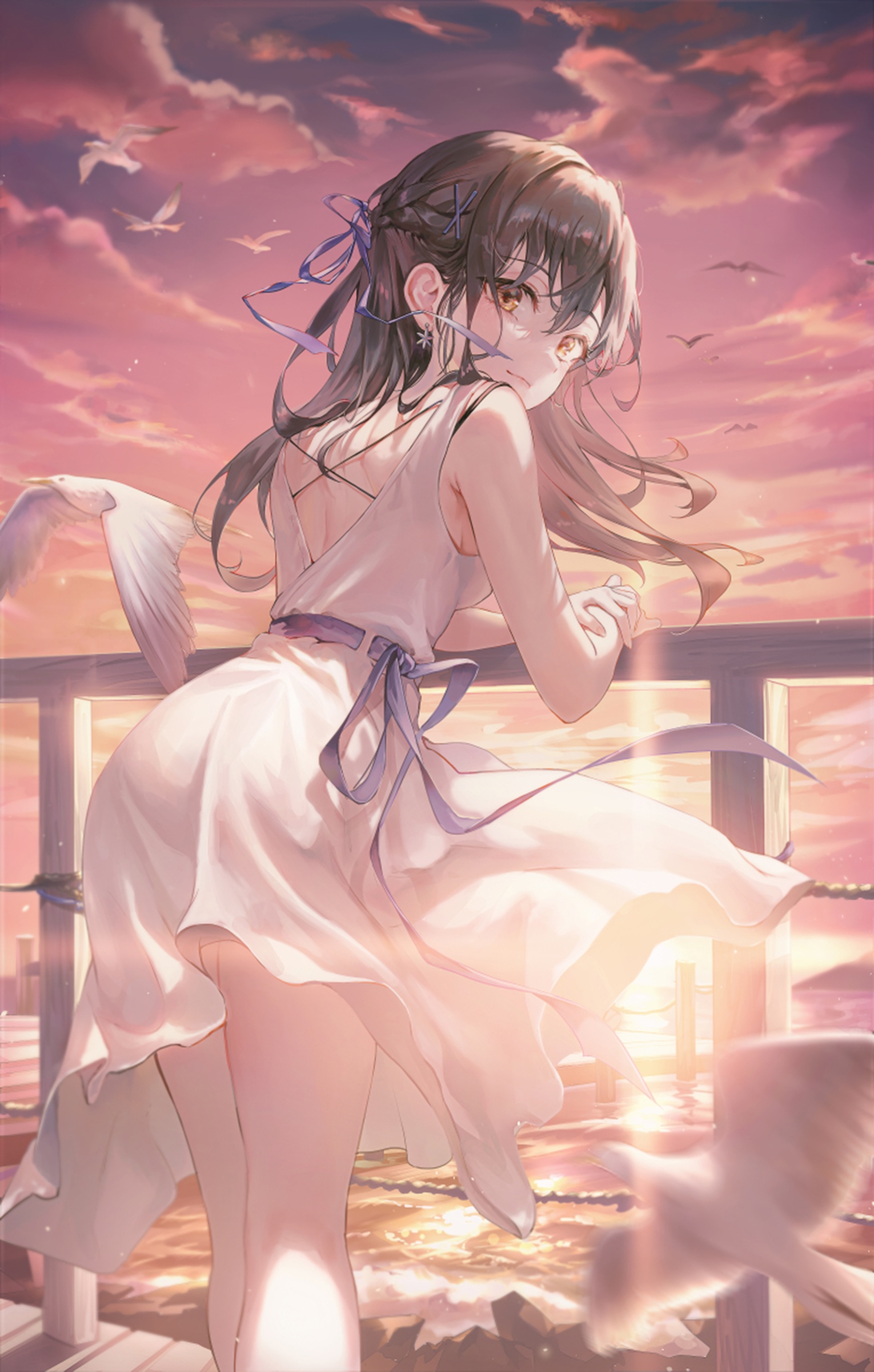 Anime girl in a white dress by the sea HD Phone Wallpaper
