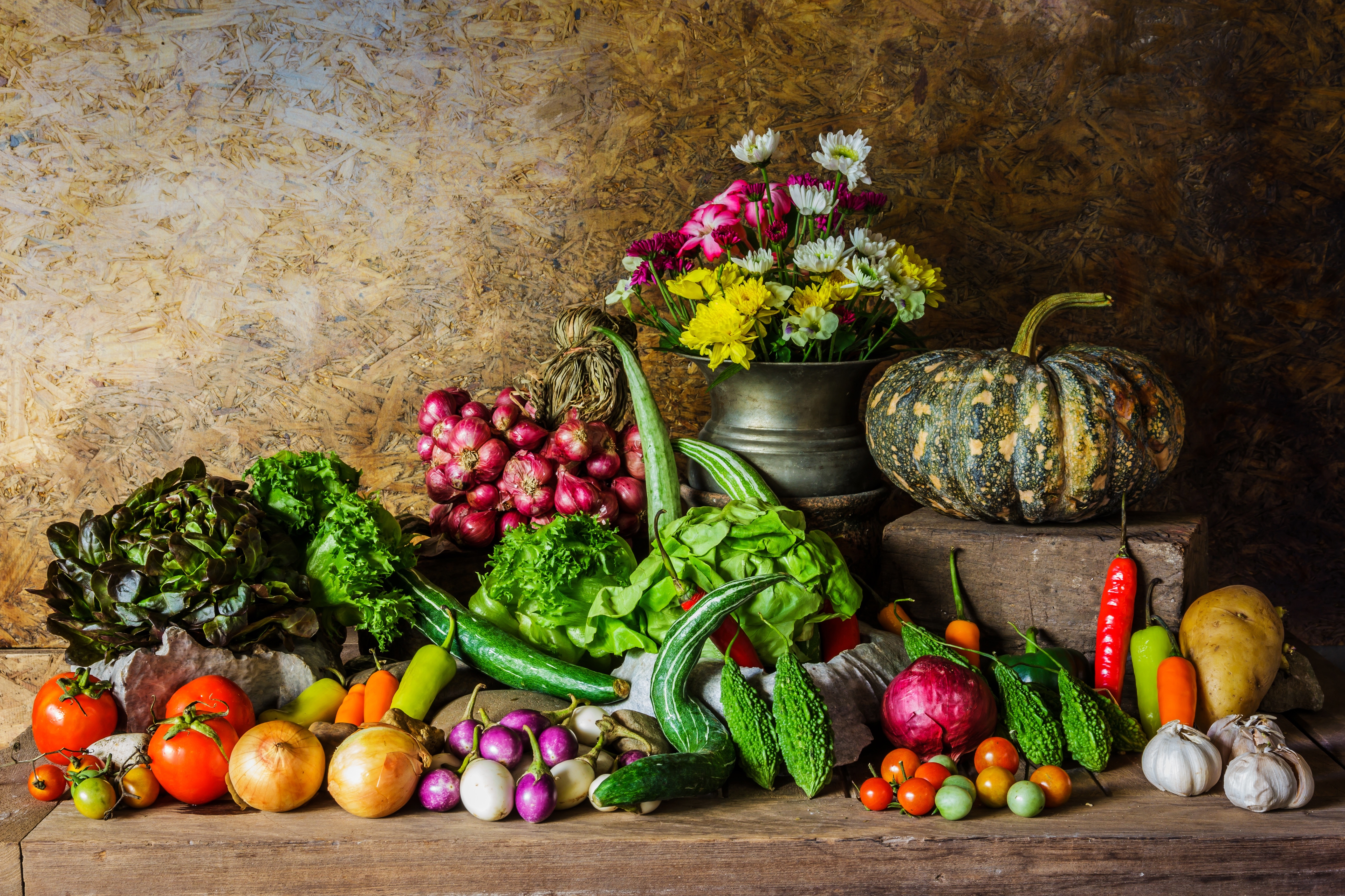 Still life of vegetables and flowers HD Wallpaper