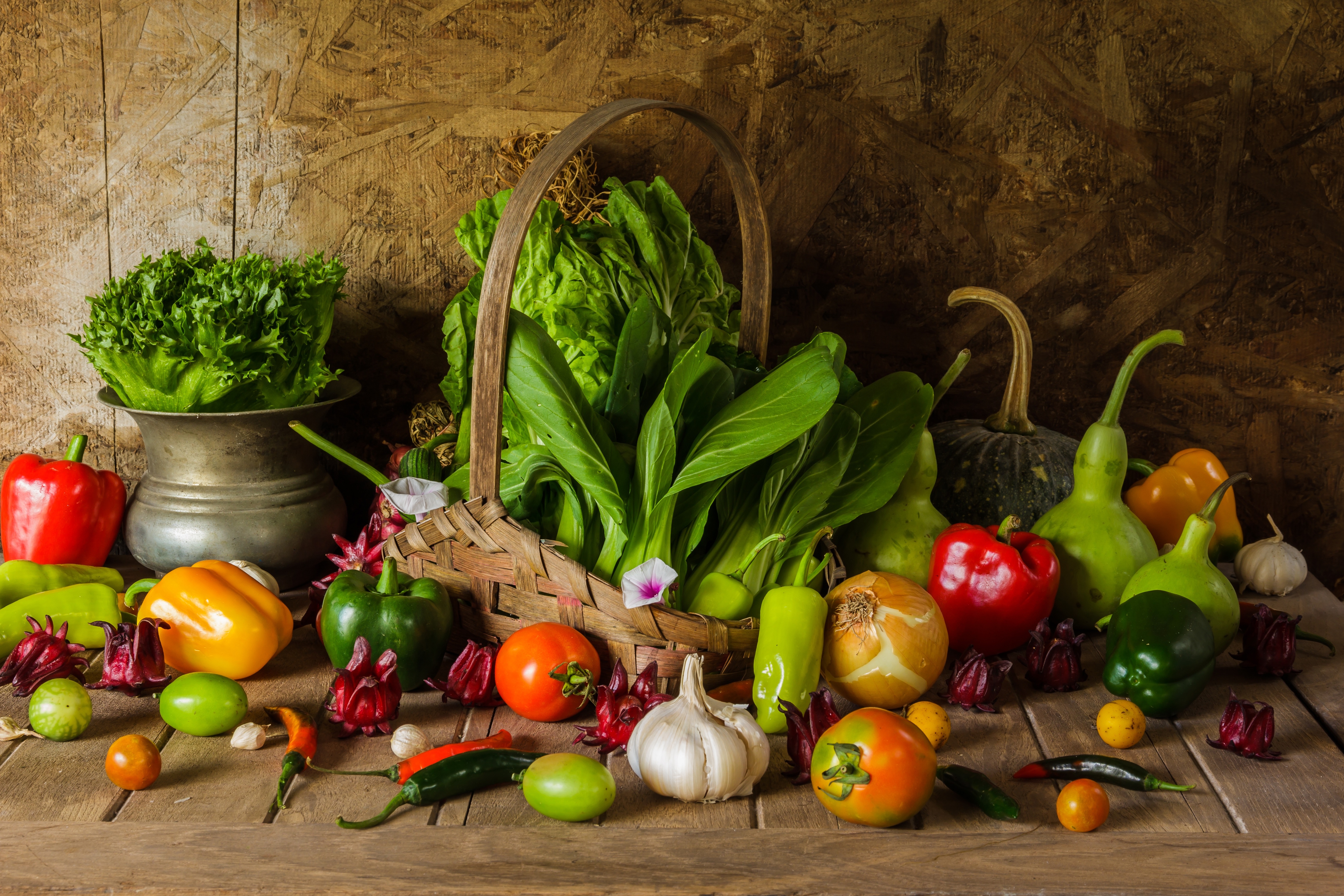 Still life of vegetables and fruits on a wooden surface HD Wallpaper