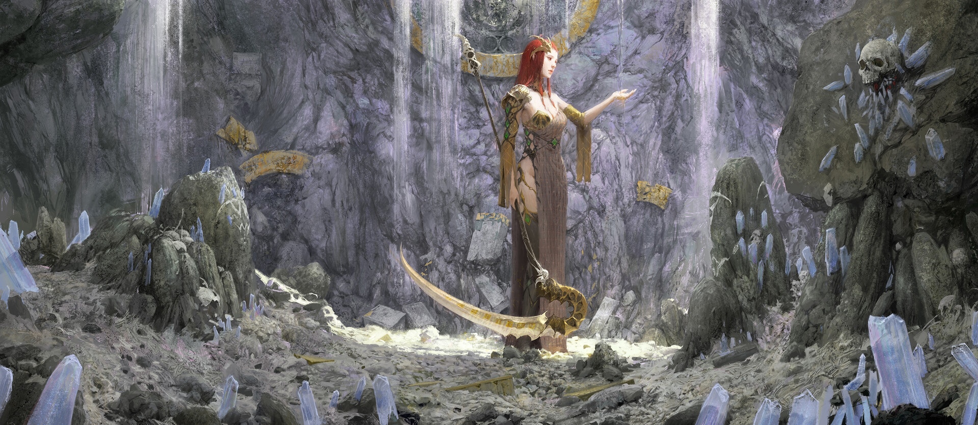 Fantasy woman with scythe in a crystal cave HD Wallpaper