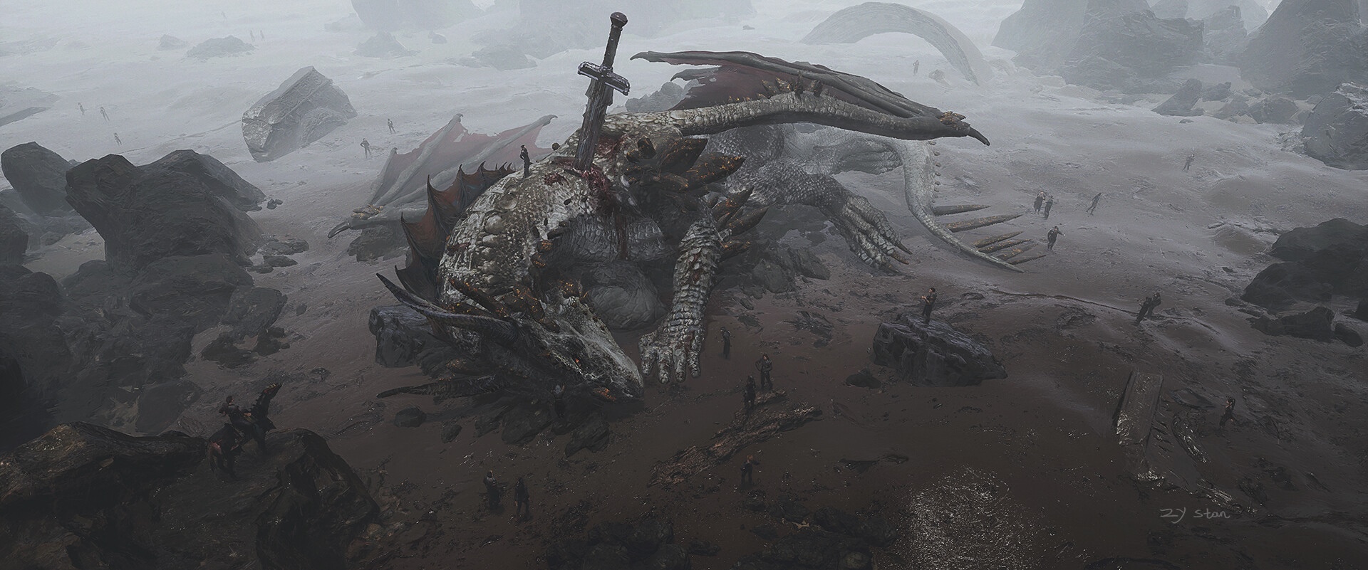 A slain dragon with a sword in its back HD Wallpaper