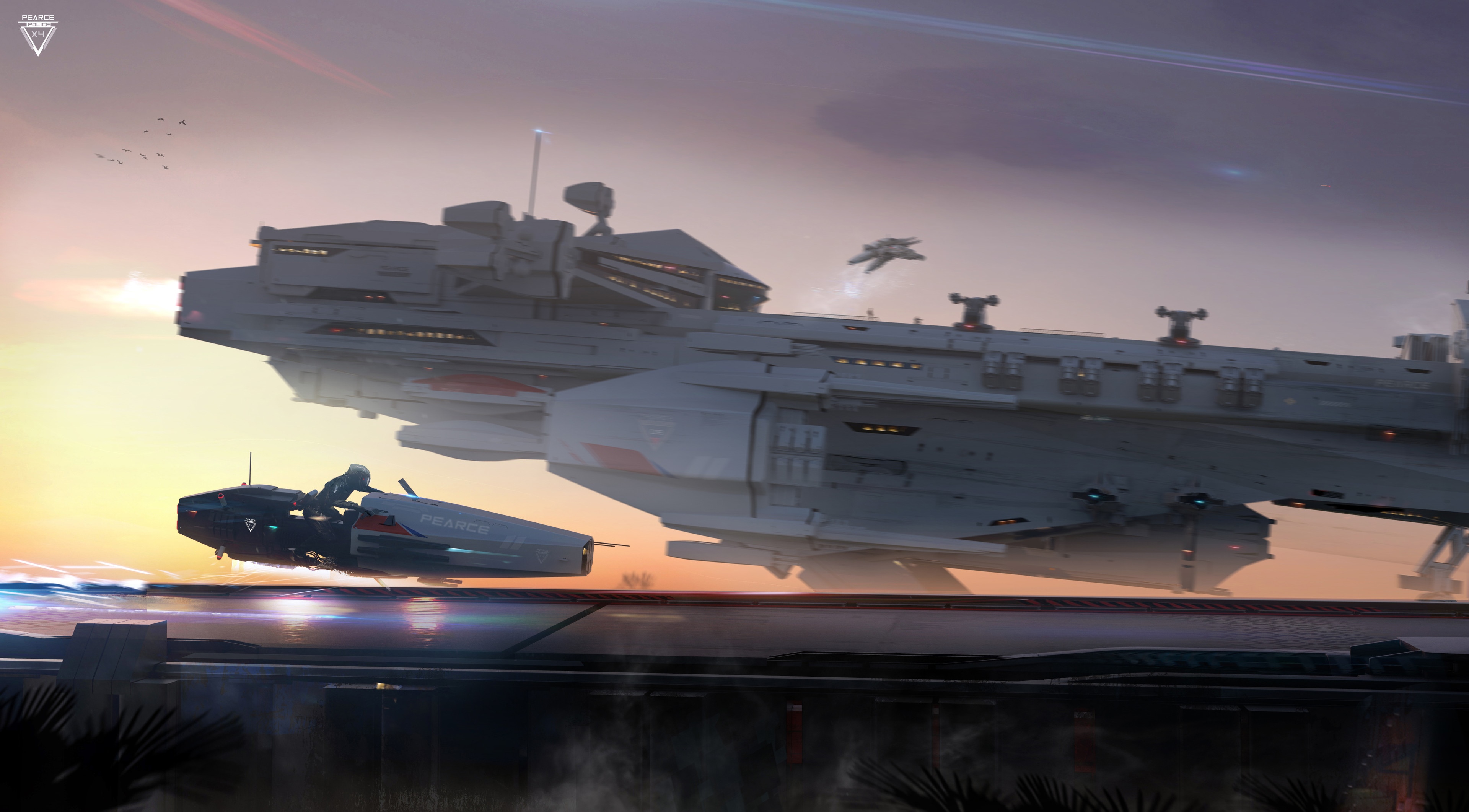 Science fiction aircraft carrier at sunset HD Wallpaper