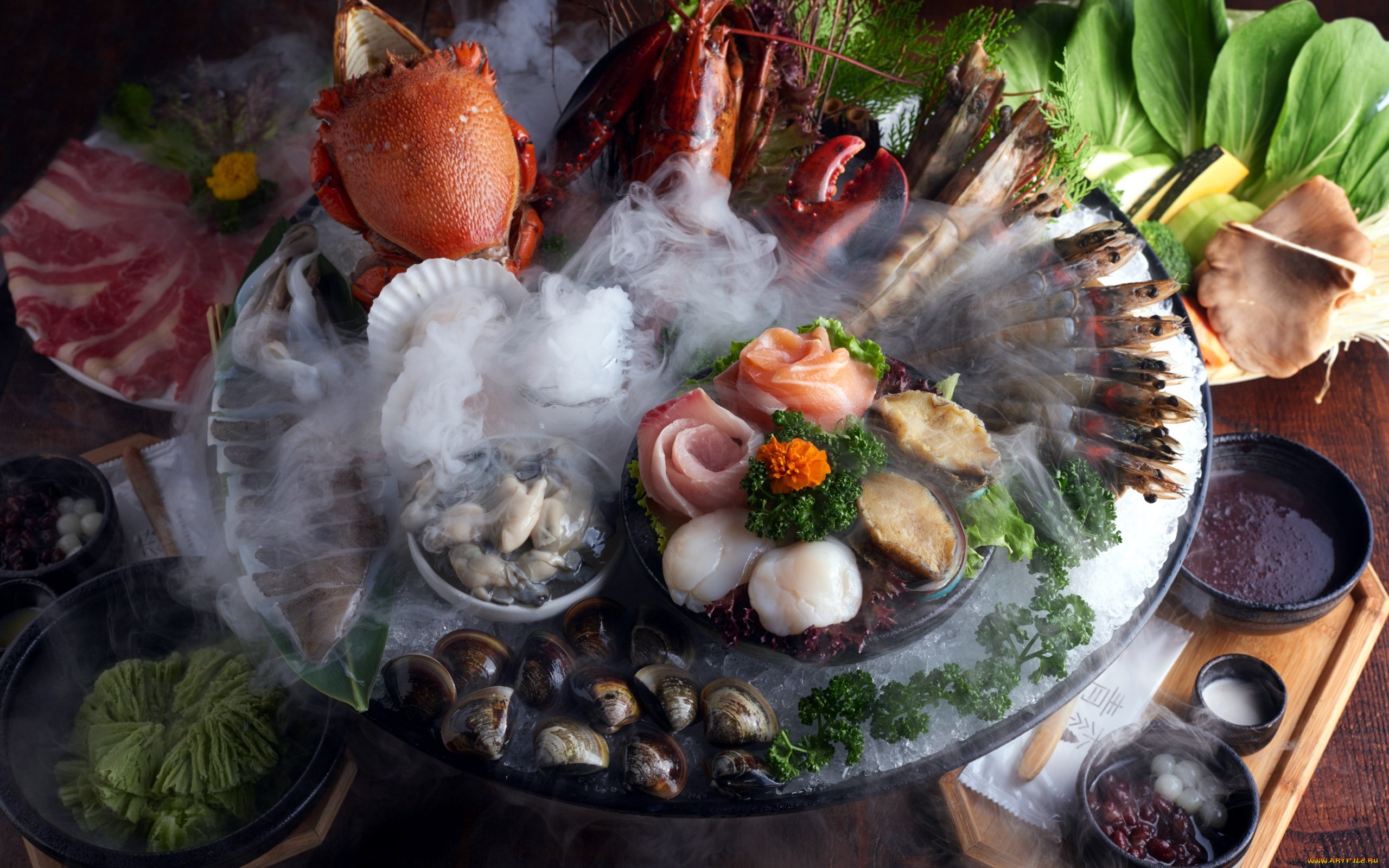 Seafood platter with crab, lobster, shrimp, and fish HD Wallpaper