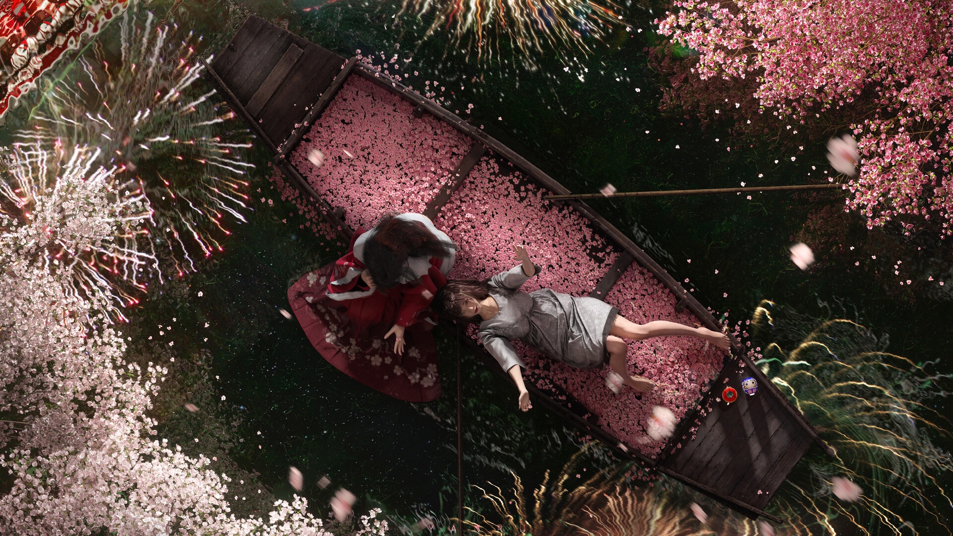 Two women in a boat filled with flower petals HD Wallpaper