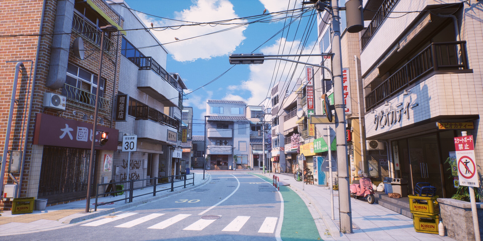 Anime street scene with buildings and traffic lights HD Wallpaper