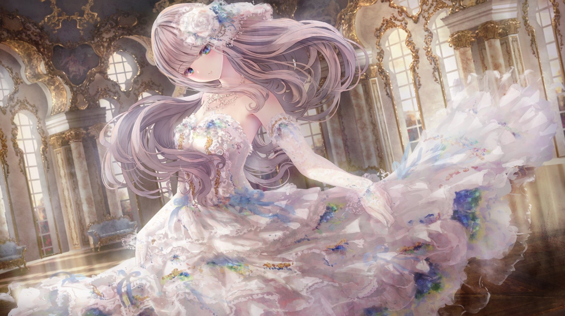 Anime girl with blue eyes in a white dress HD Wallpaper