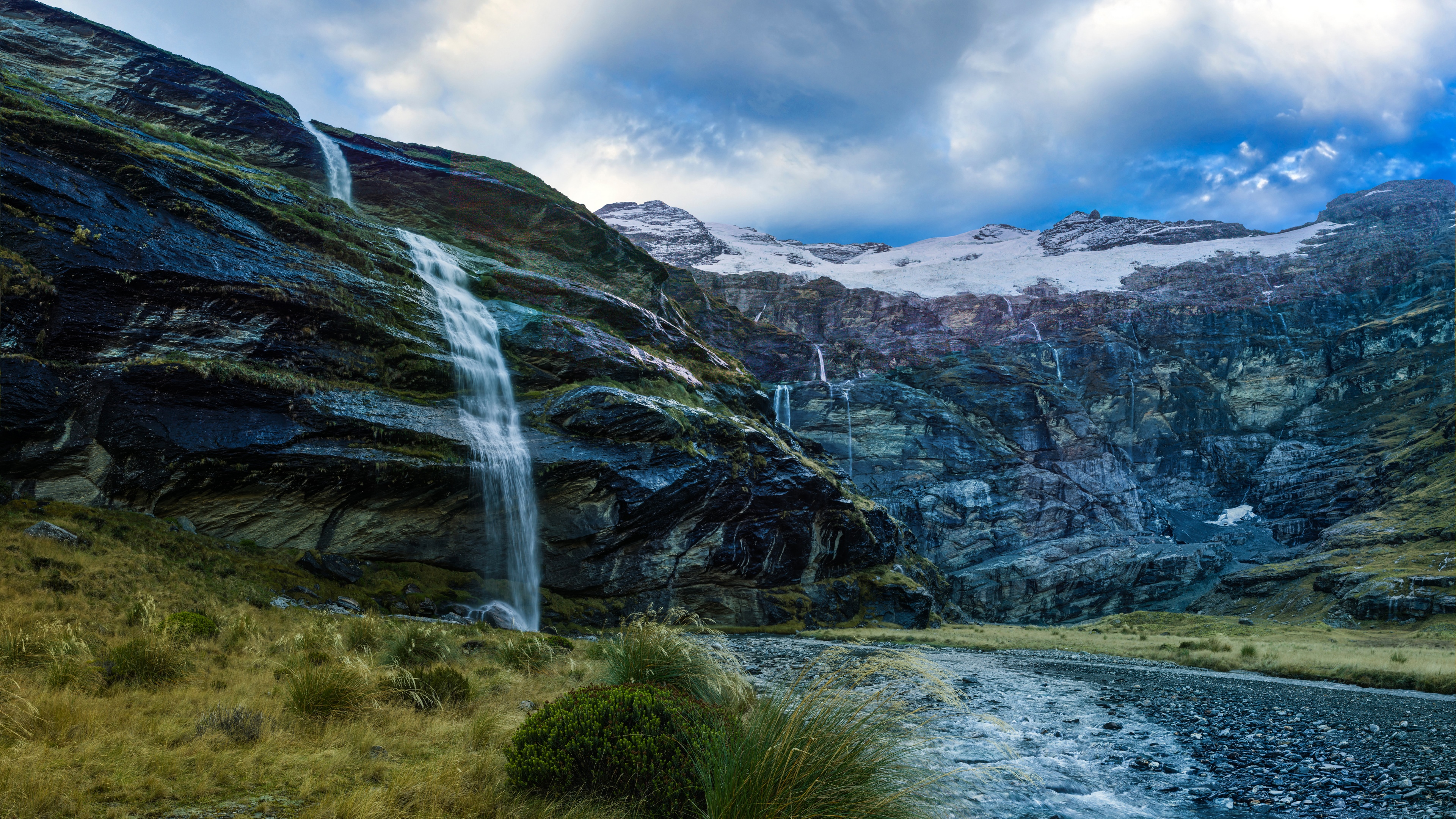 4K Mountains, Snow, and Waterfall in New Zealand HD Wallpaper