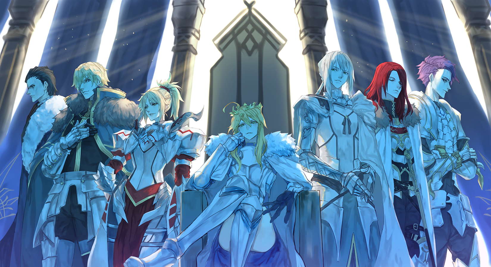 Fate series characters in armor in a grand hall HD Wallpaper