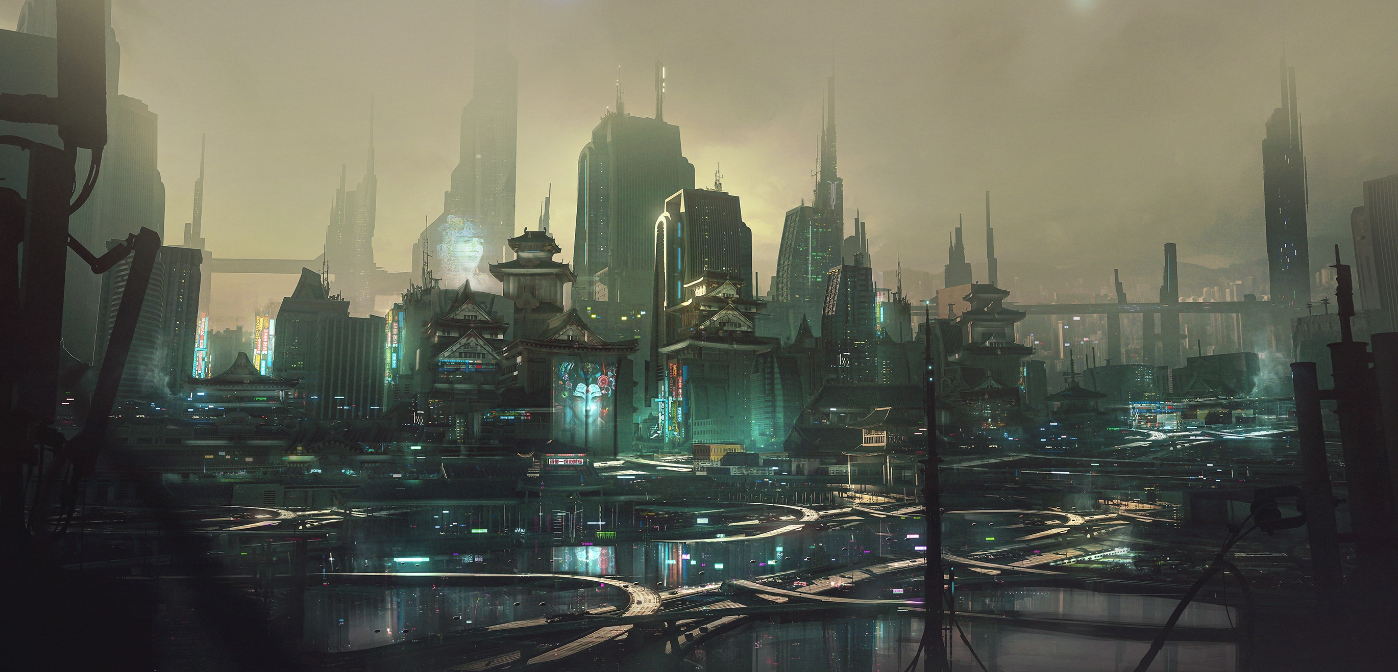 Futuristic cyberpunk cityscape with towering skyscrapers and elevated highways HD Wallpaper