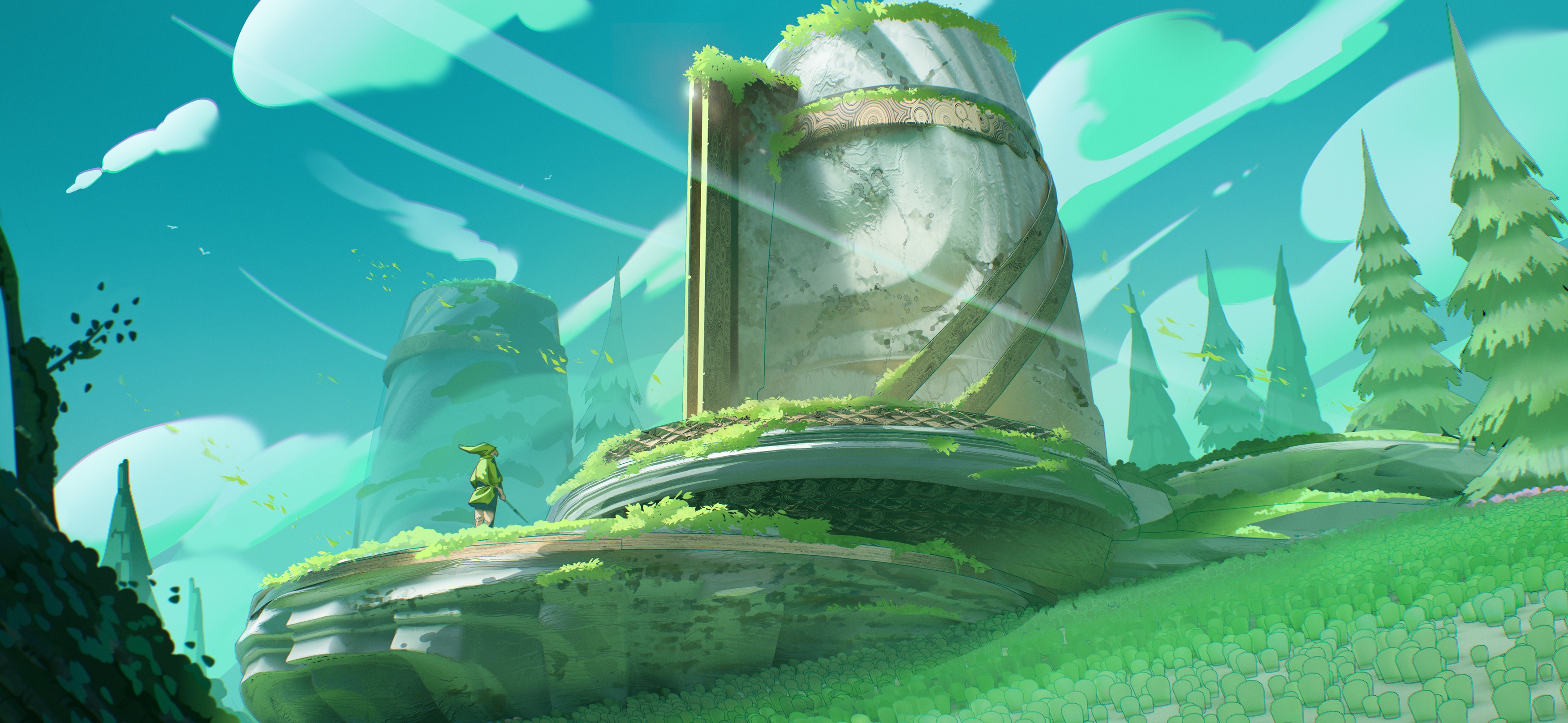 Fantasy art of a temple with a person and trees HD Wallpaper