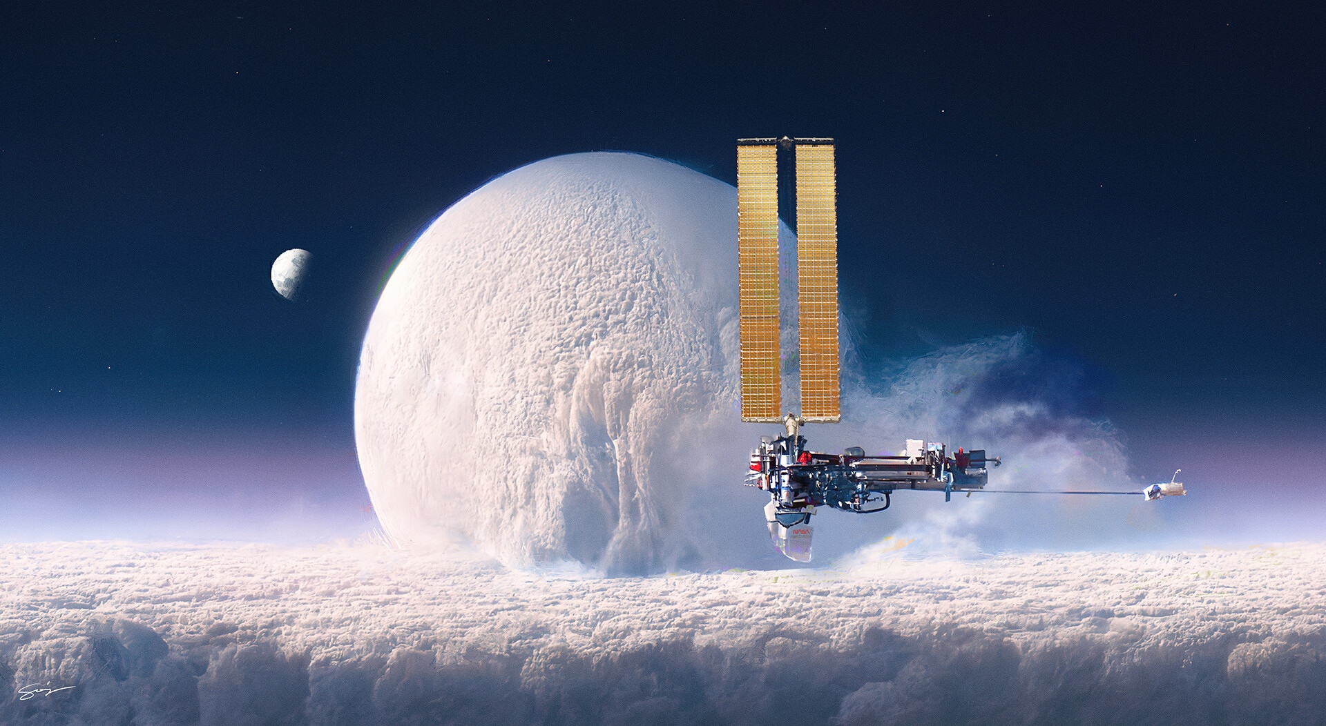 Space station orbiting a large planet with a moon HD Wallpaper