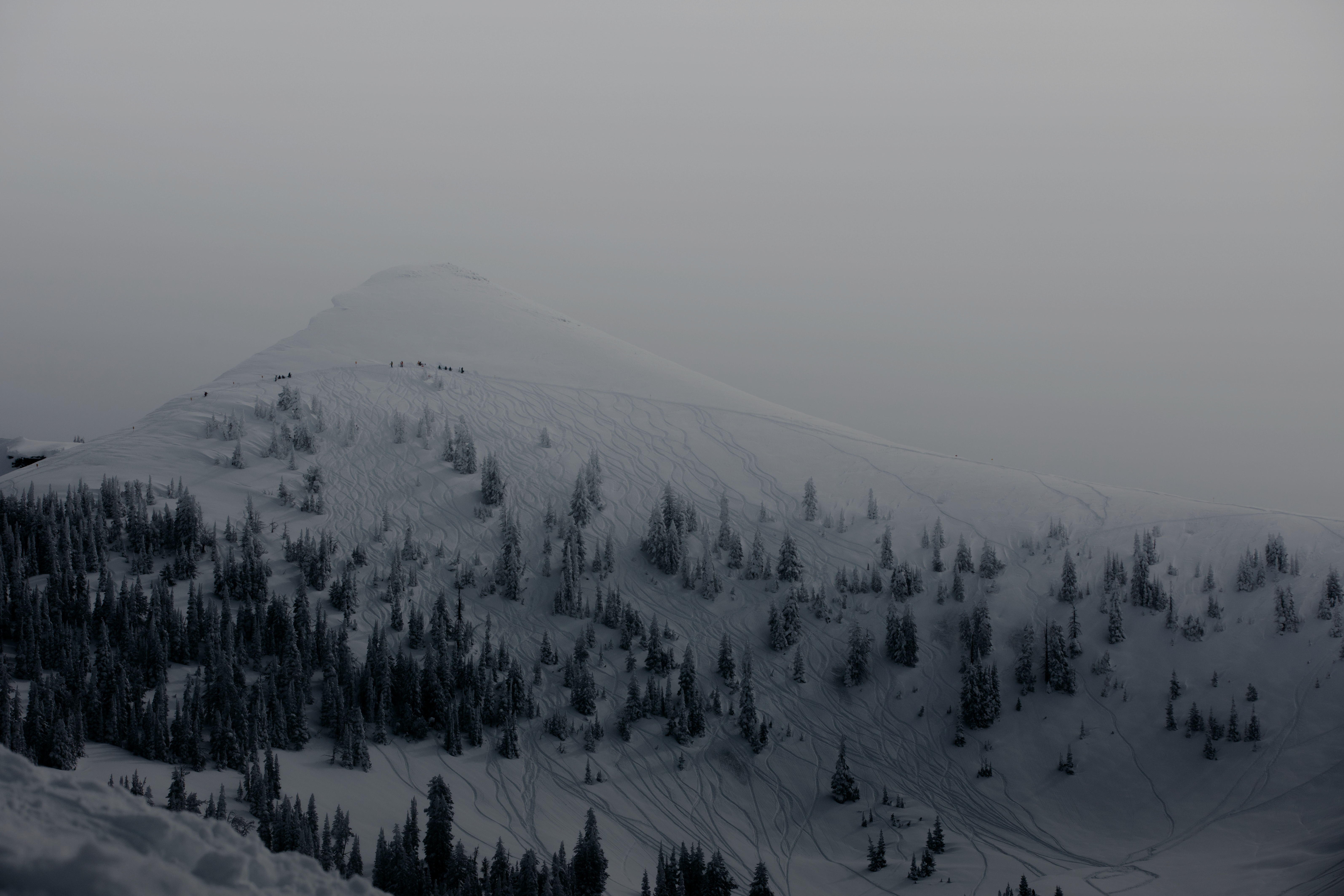 4K winter mountain landscape with skiers and trees HD Wallpaper