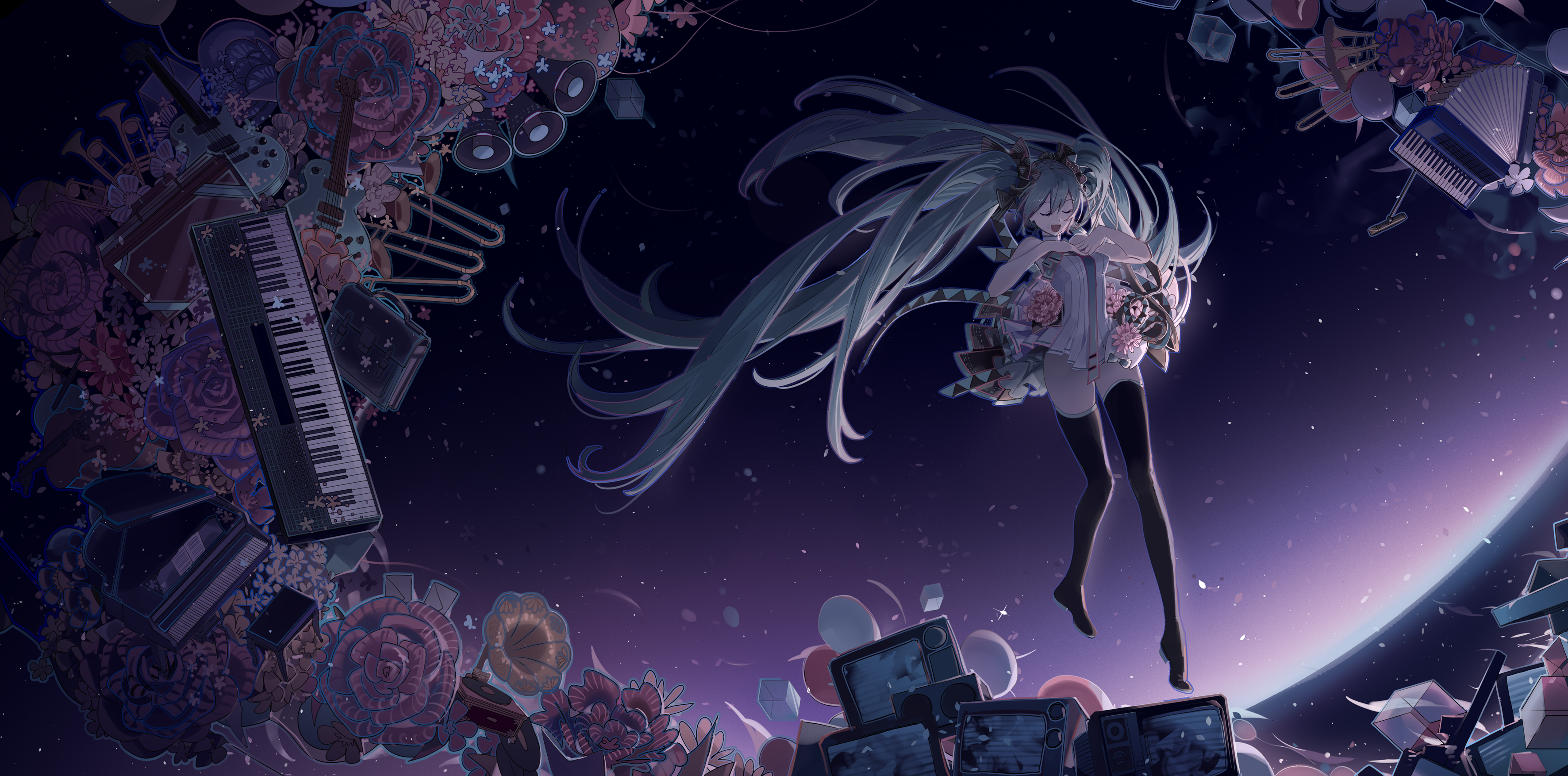 Hatsune Miku surrounded by musical instruments and flowers HD Wallpaper