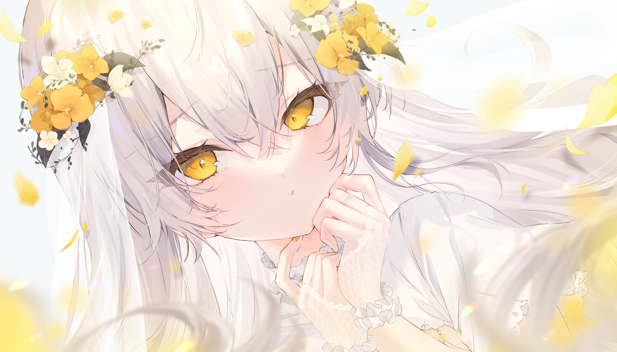 Anime girl with white hair and yellow eyes HD Wallpaper
