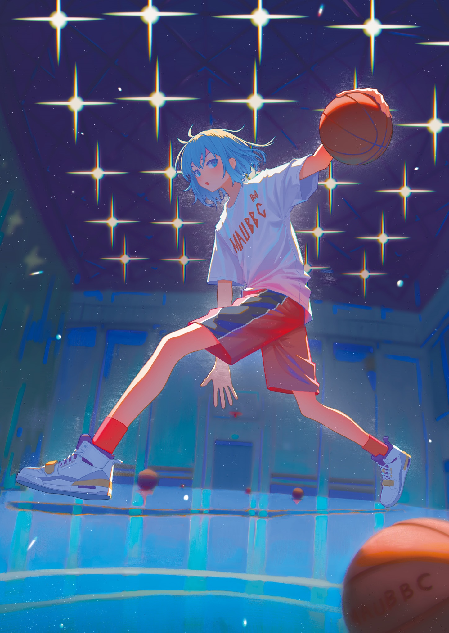 Anime girl with blue hair playing basketball HD Phone Wallpaper