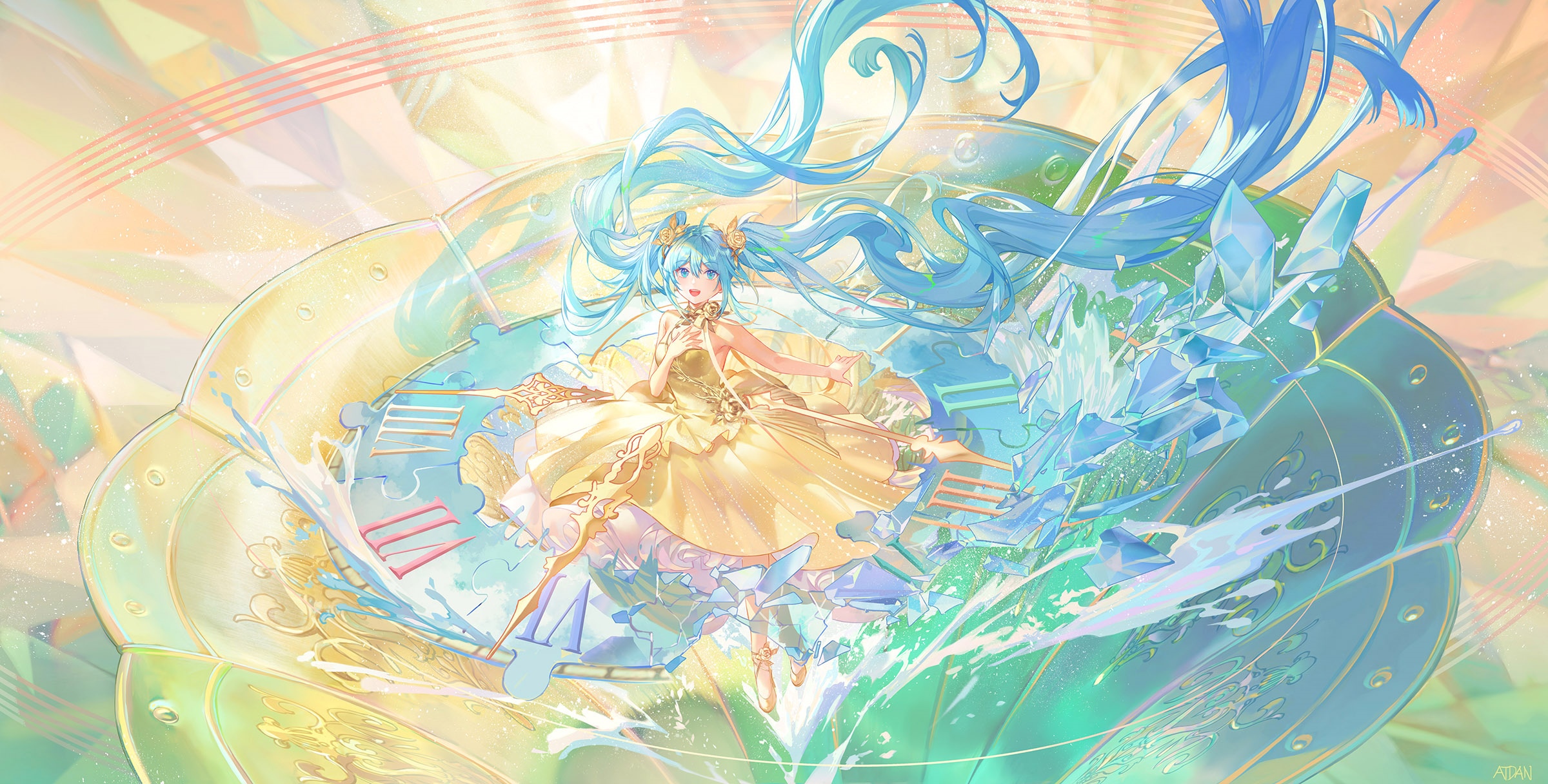 Hatsune Miku in a golden dress surrounded by water and ice HD Wallpaper
