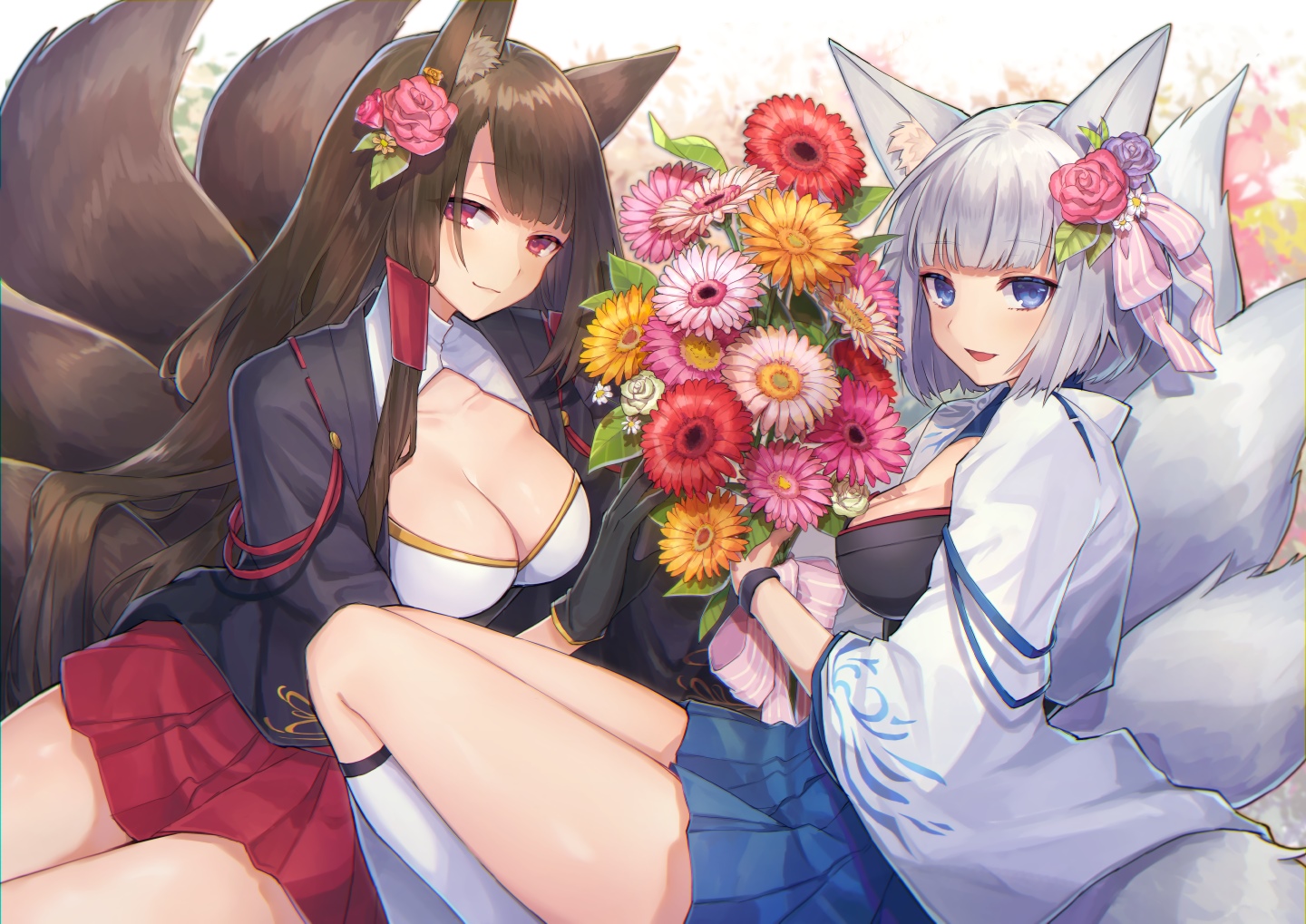 Azur Lane's Akagi and Kaga with flowers HD Wallpaper