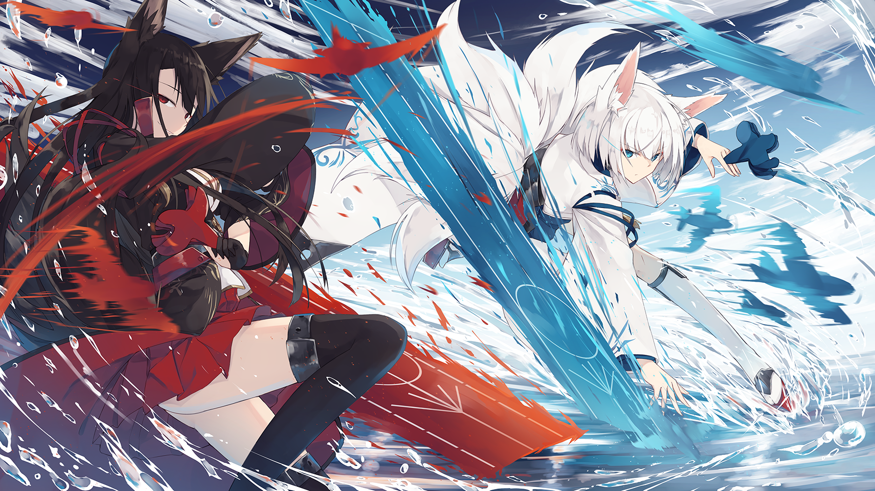 Akagi and Kaga from Azur Lane clashing with water HD Wallpaper