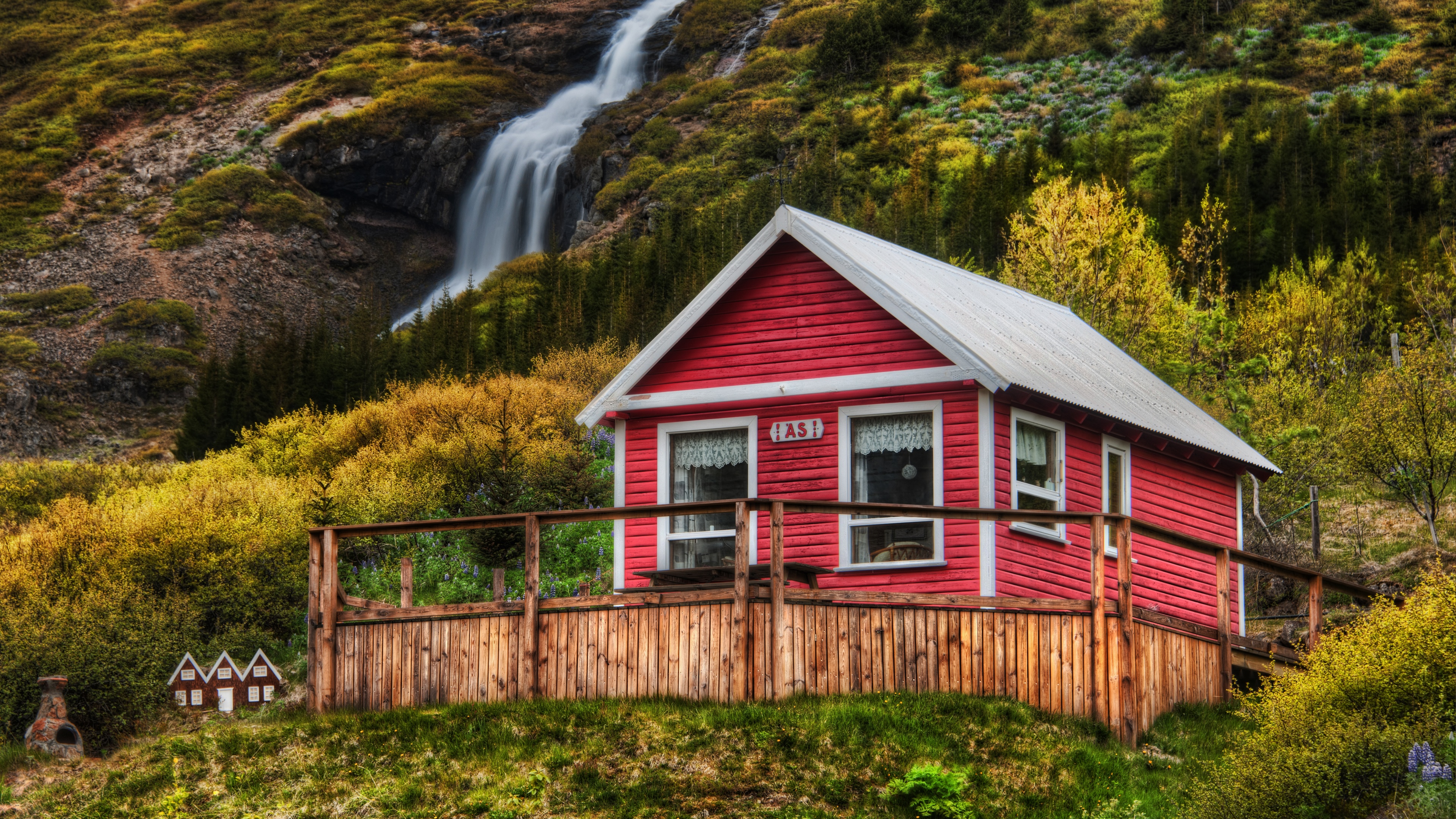 Red house by waterfall in Iceland HD Wallpaper