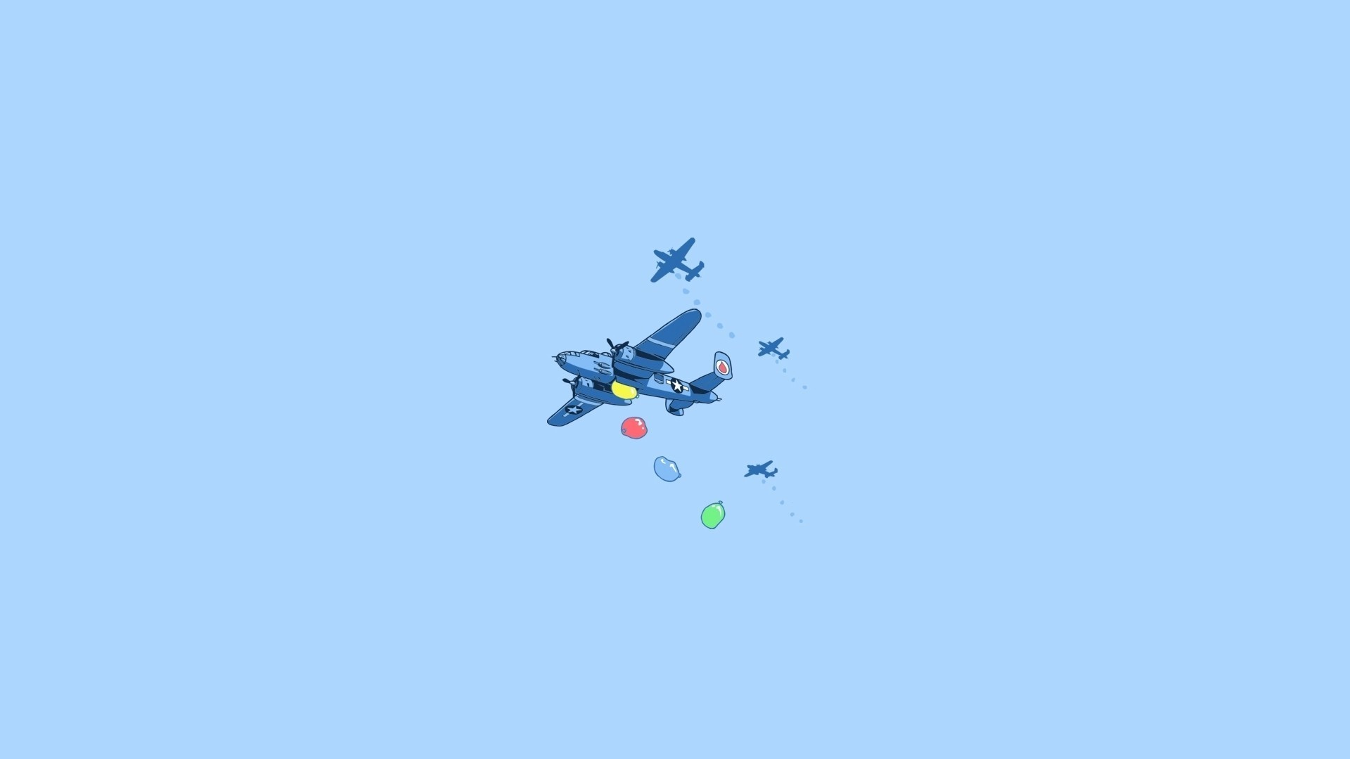Minimalist illustration of a bomber plane dropping water balloons HD Wallpaper