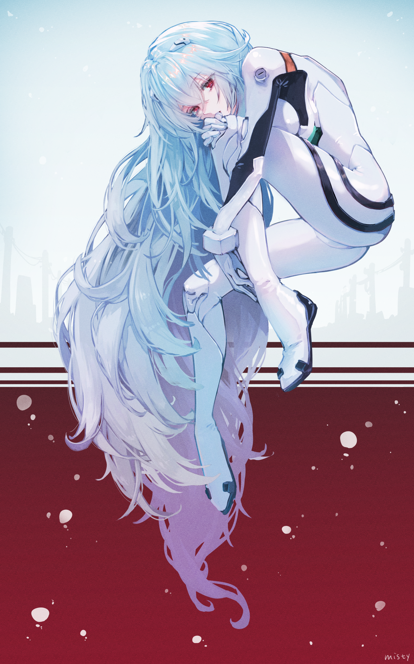 Ayanami Rei in a white bodysuit with blue hair HD Phone Wallpaper