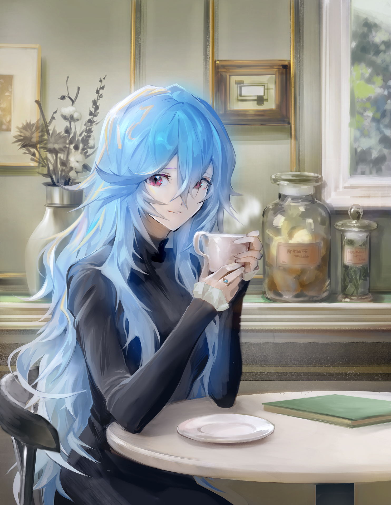 Ayanami Rei with blue hair drinking tea HD Phone Wallpaper