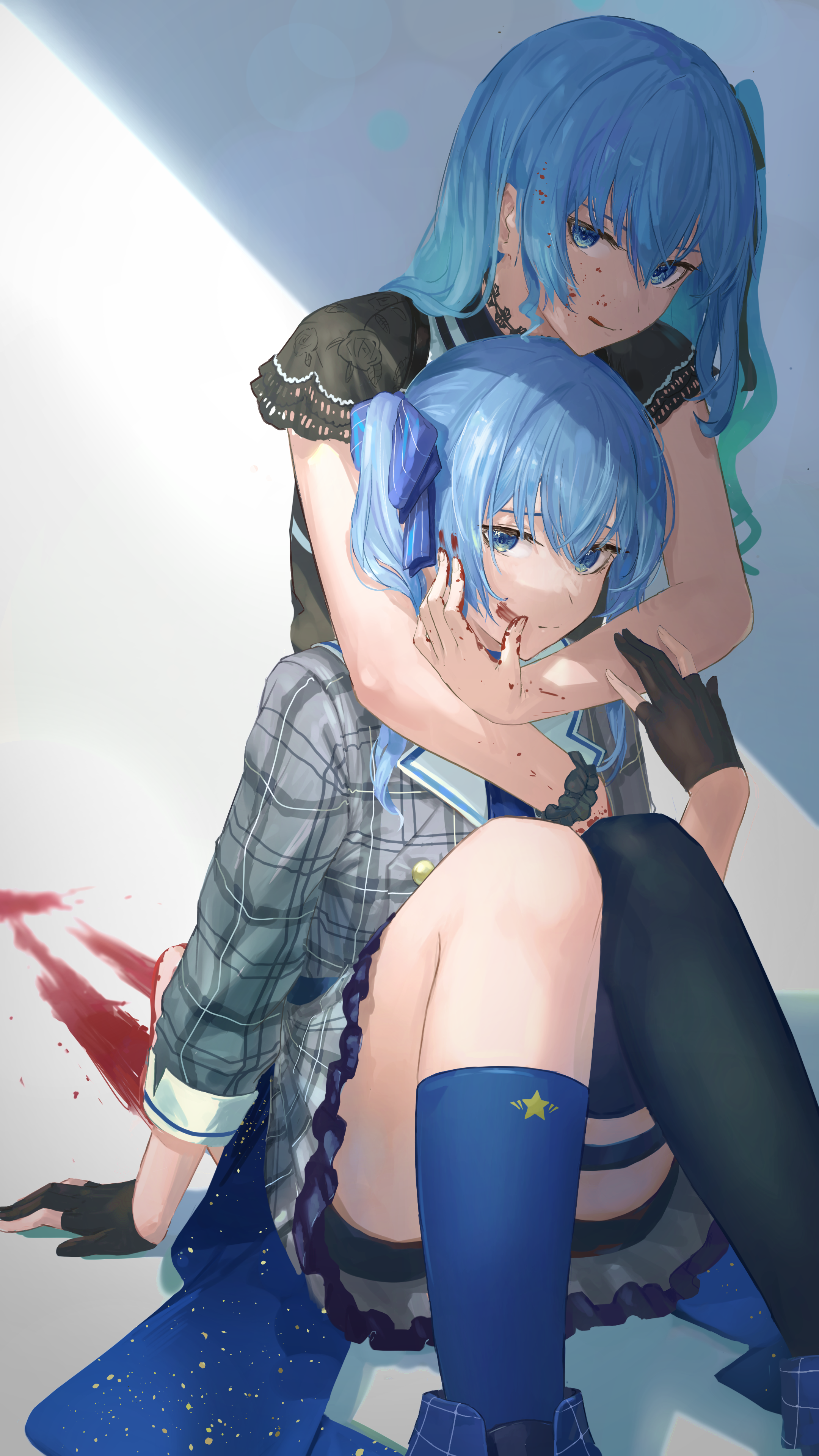 Hoshimachi Suisei hugging another version of herself HD Phone Wallpaper