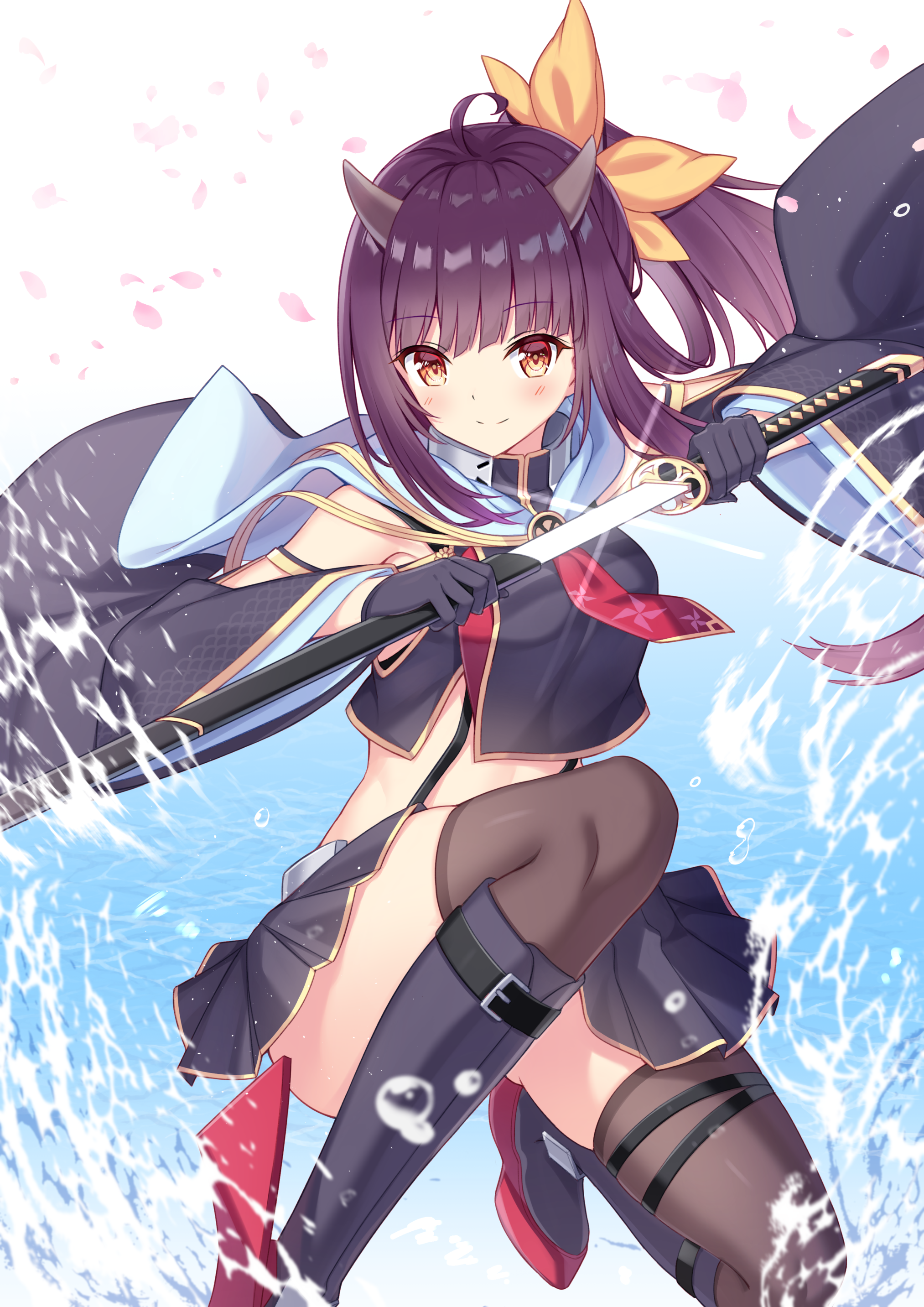 Azur Lane character with purple hair and horns holding a katana HD Phone Wallpaper