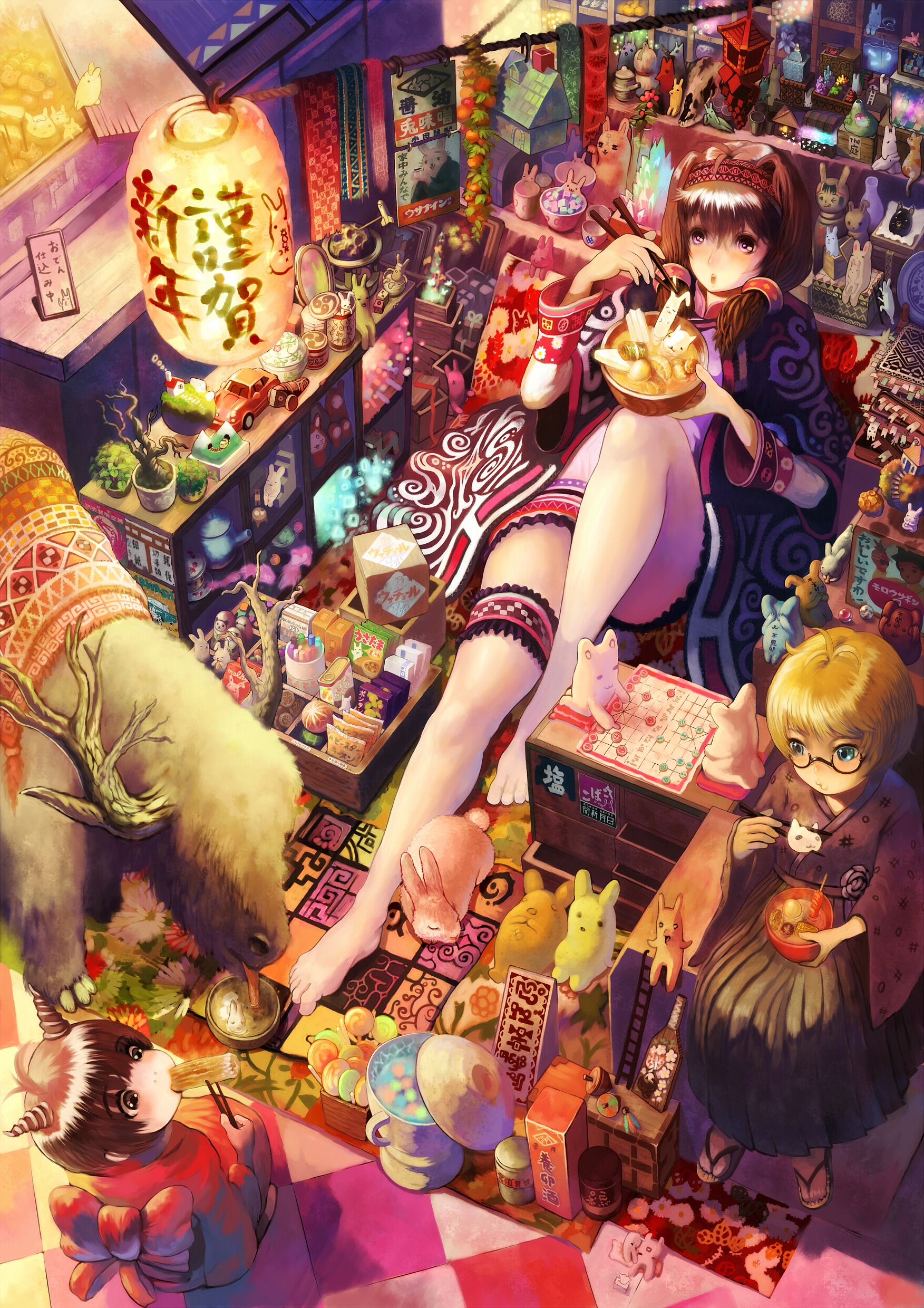 Anime girls and animals in a cluttered shop HD Phone Wallpaper