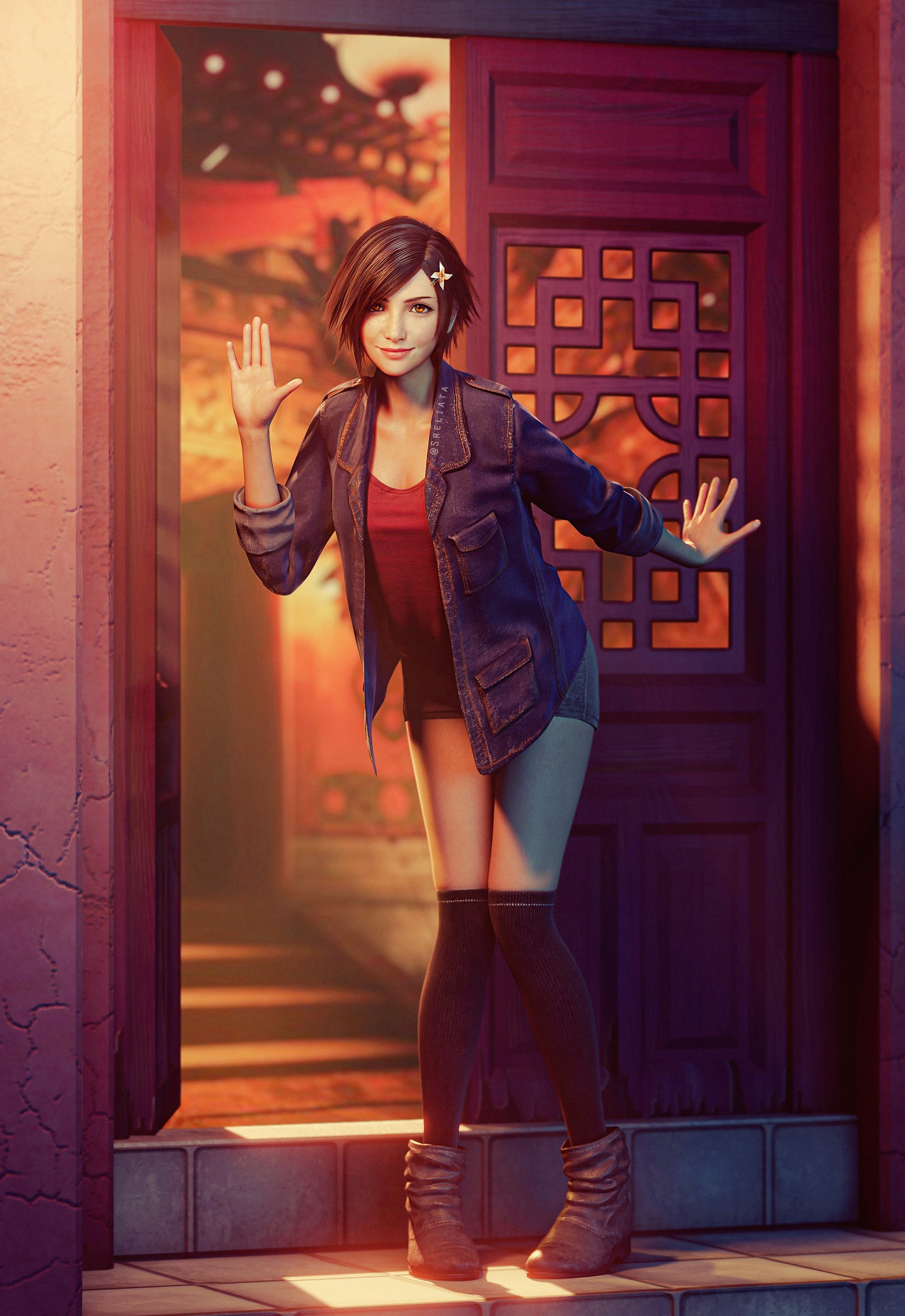 Yuffie Kisaragi in a denim jacket and shorts HD Phone Wallpaper