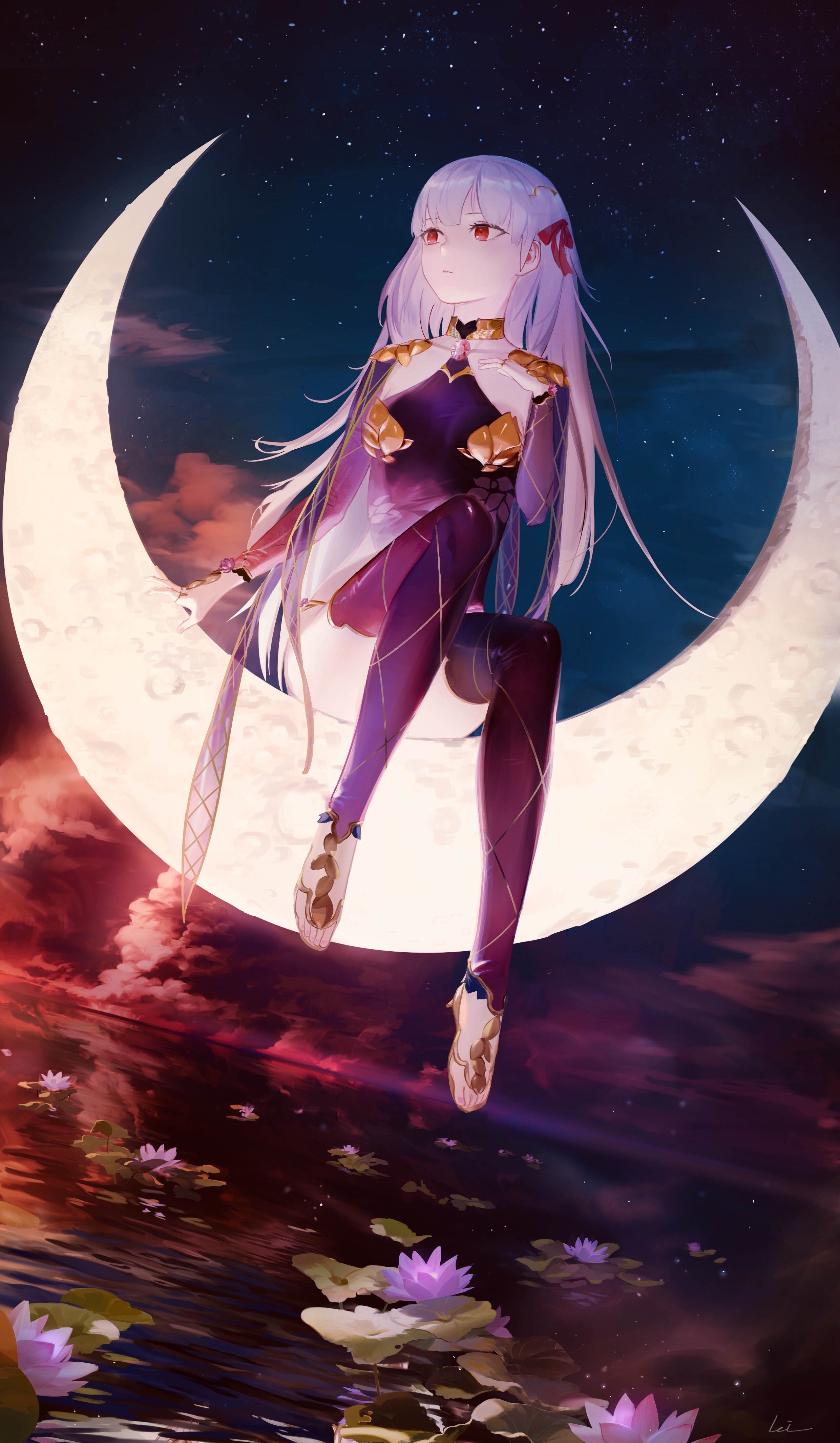 Kama from Fate/Grand Order sitting on the moon HD Phone Wallpaper