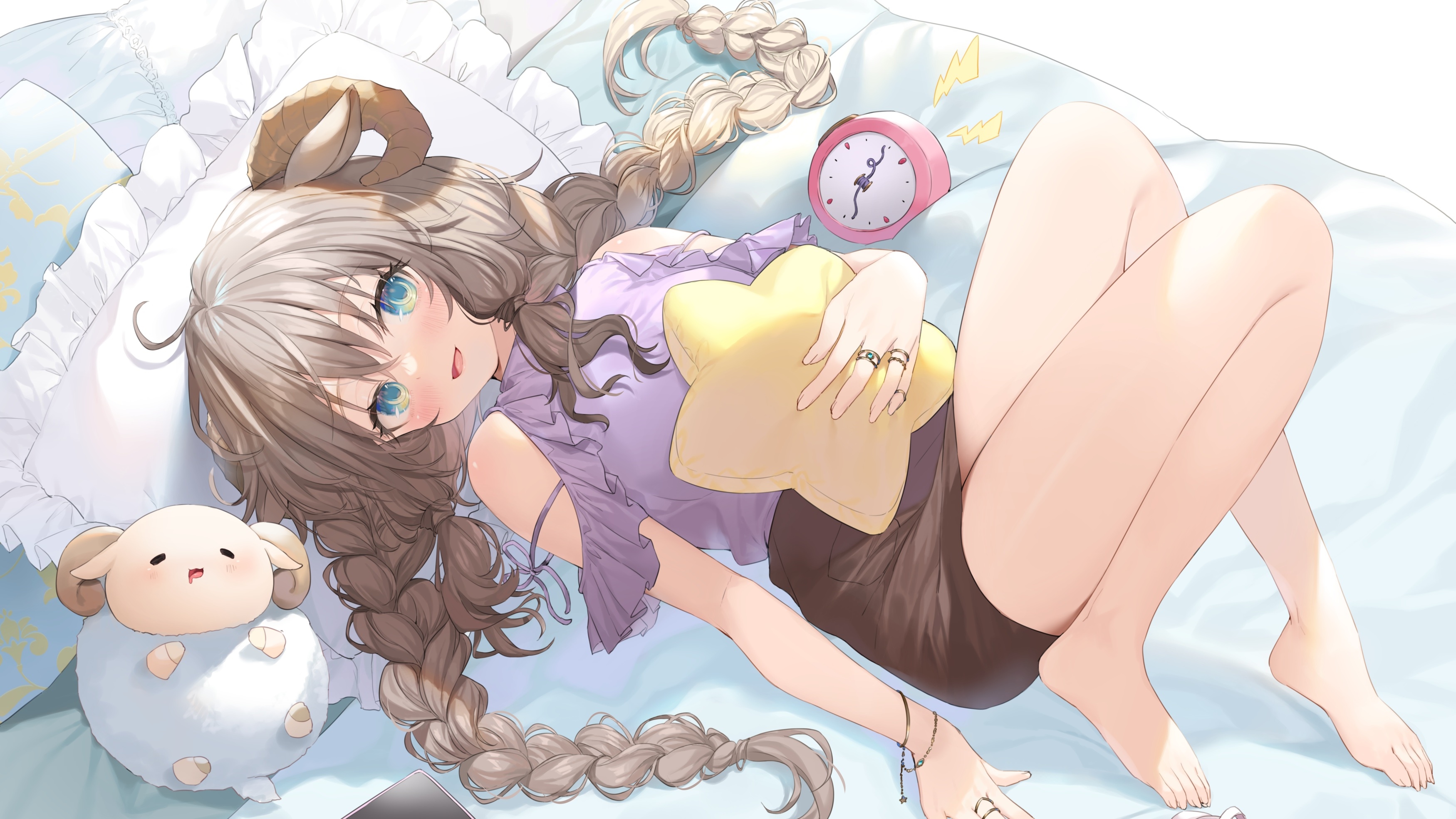 Girl with sheep horns and braids holding a star pillow HD Wallpaper