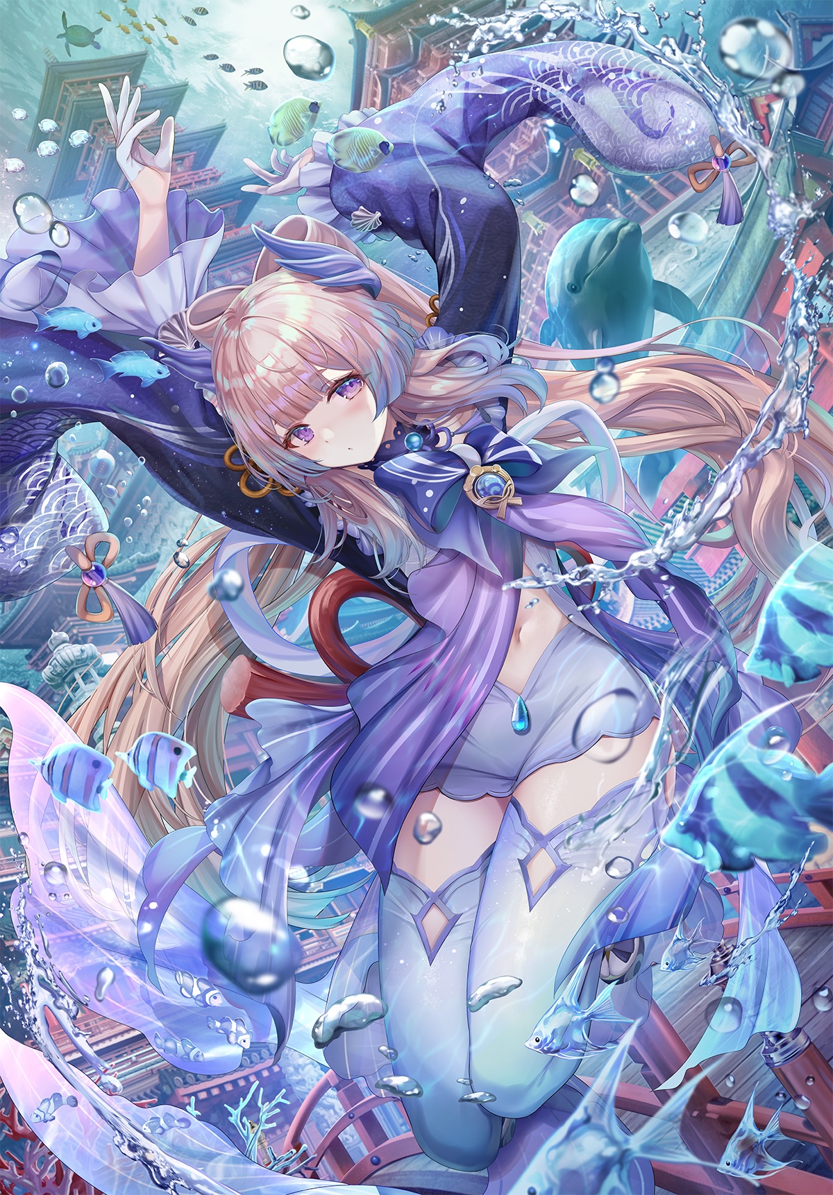 Sangonomiya Kokomi underwater with fish and dolphin HD Phone Wallpaper