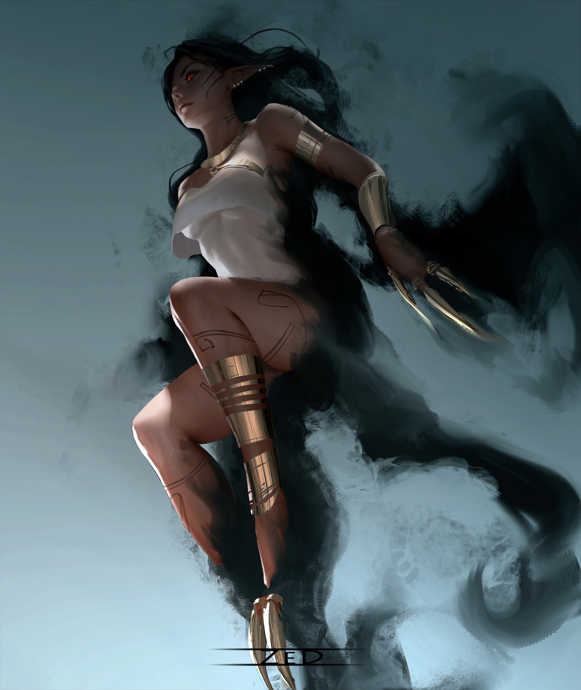 Fantasy art of a woman with dark hair and red eyes HD Phone Wallpaper
